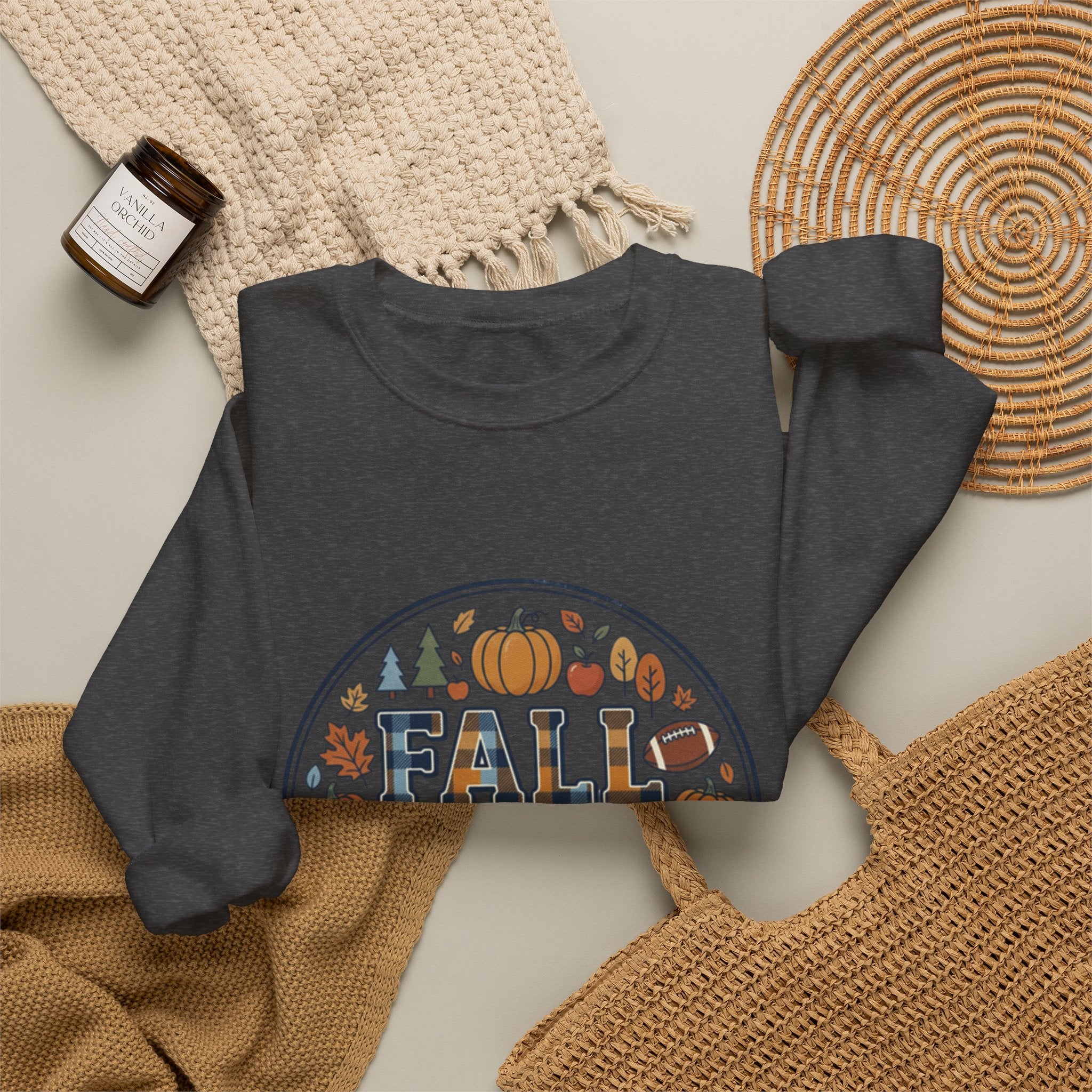 Fall Vibes Crewneck Sweatshirt — Pumpkin, Apples & Football Autumn Graphic