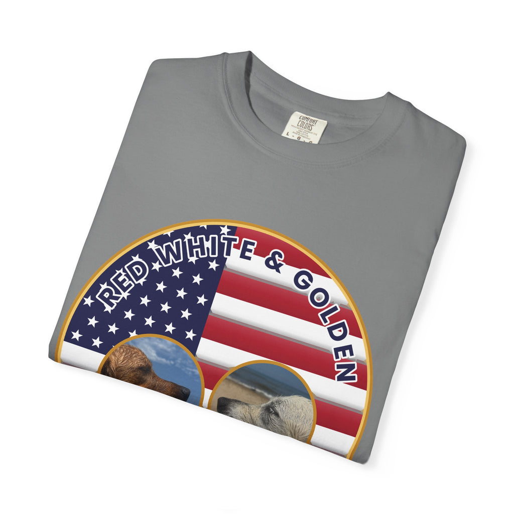 Red, White & Golden T-Shirt – American Flag with Golden Retriever Design