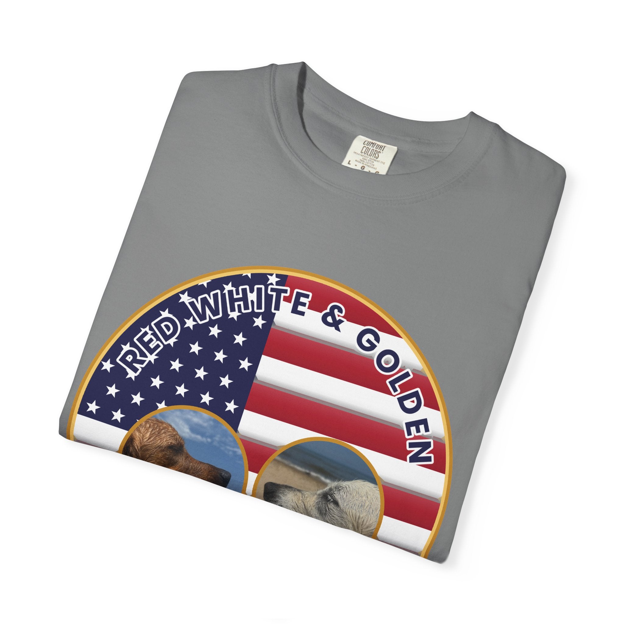 Red, White & Golden T-Shirt – American Flag with Golden Retriever Design