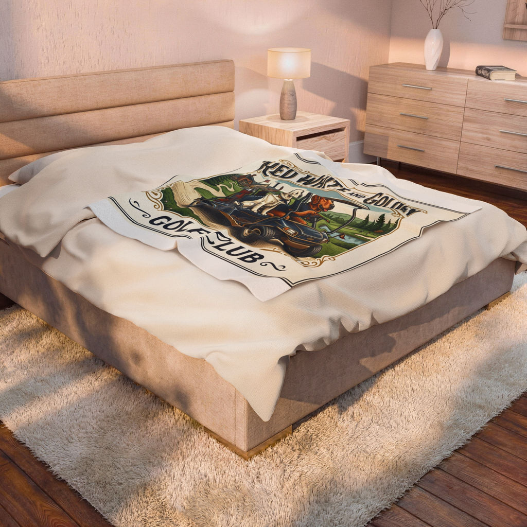 Velveteen Plush Blanket – "Red White and Golden Golf Club" Cozy Golfers Throw