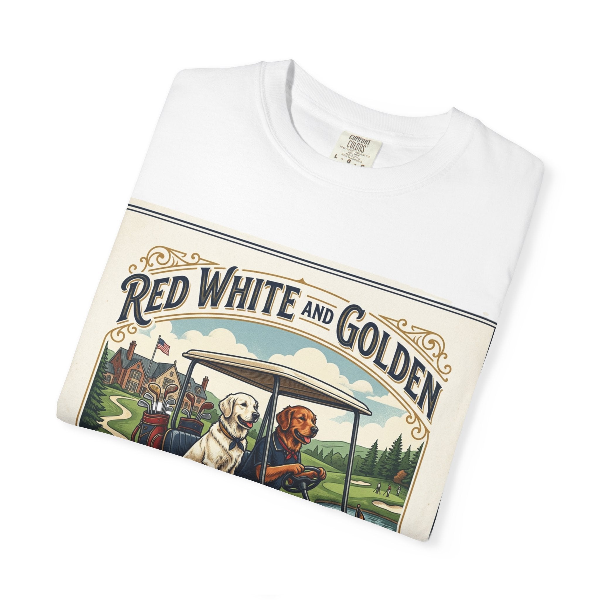 Golf Club T-Shirt — "Red White and Golden" Vintage Dog Golf Cart Design