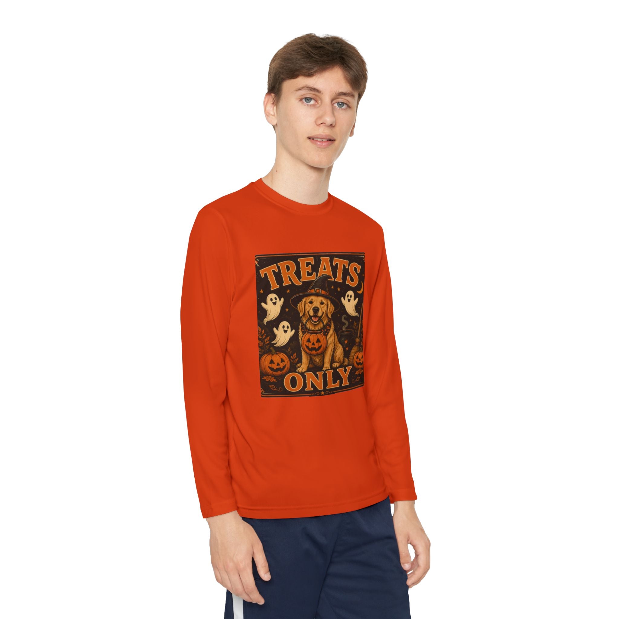 Halloween 'Treats Only' Youth Long Sleeve Tee - Cute Puppy & Ghosts Pumpkin Shirt