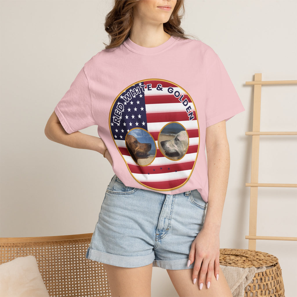 Red, White & Golden T-Shirt – American Flag with Golden Retriever Design