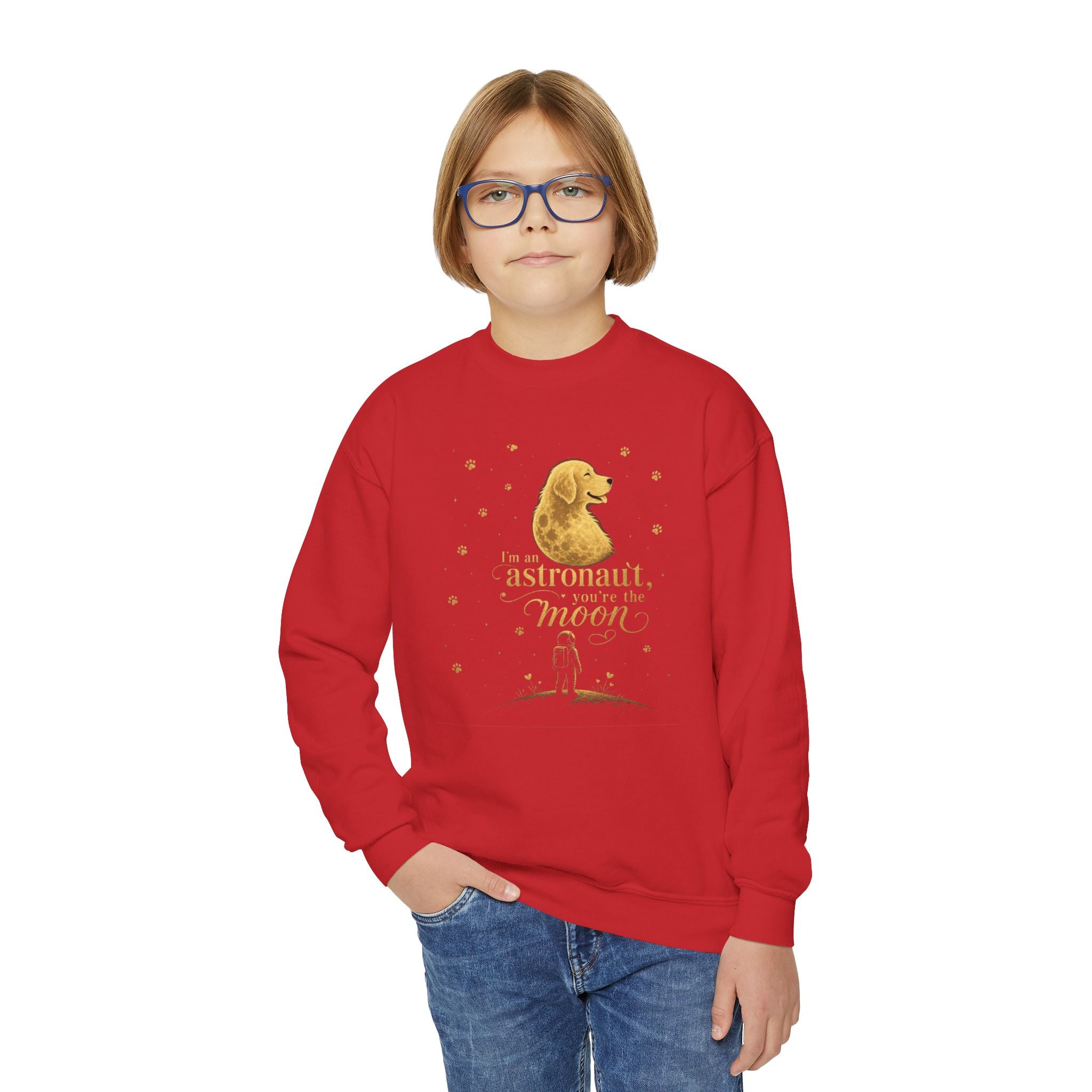 Youth Crewneck Sweatshirt - "Astronauts in the Moon" Cute Golden Bear & Moon Kids Pullover