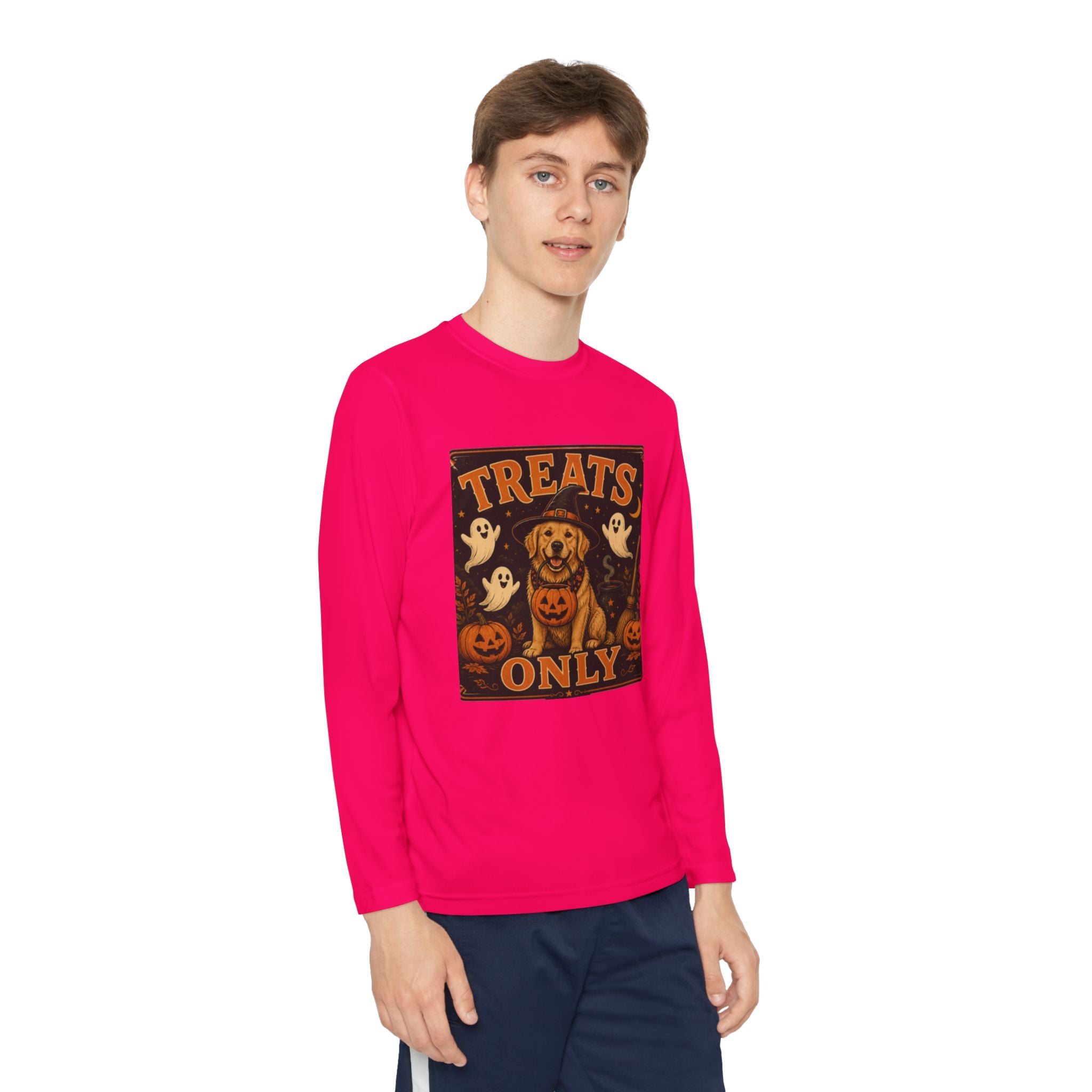 Halloween 'Treats Only' Youth Long Sleeve Tee - Cute Puppy & Ghosts Pumpkin Shirt