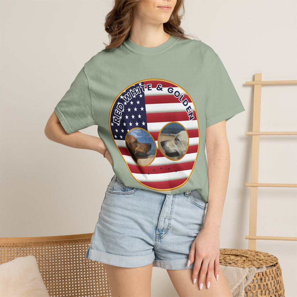 Red, White & Golden T-Shirt – American Flag with Golden Retriever Design