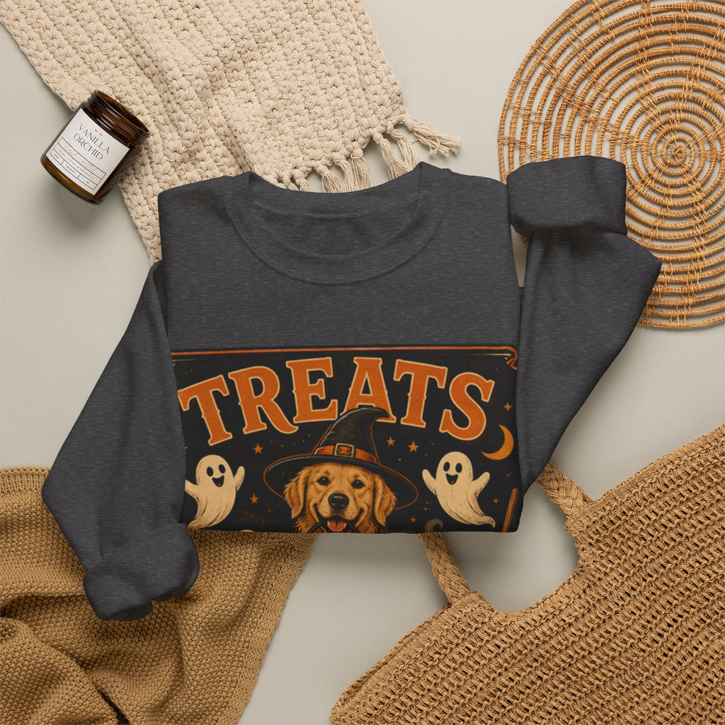 Halloween "Treats Only" Sweatshirt – Cute Puppy, Ghosts & Pumpkins Fall Crewneck