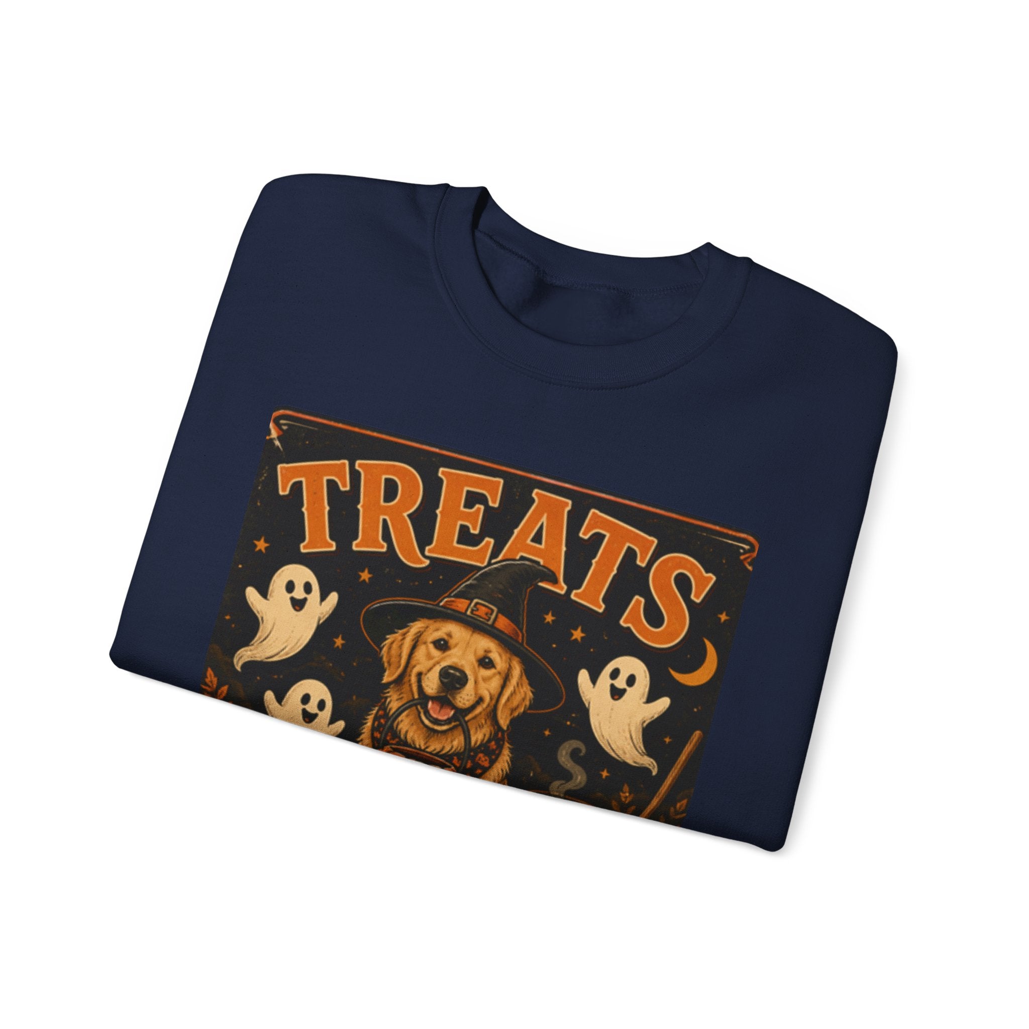 Halloween "Treats Only" Sweatshirt – Cute Puppy, Ghosts & Pumpkins Fall Crewneck