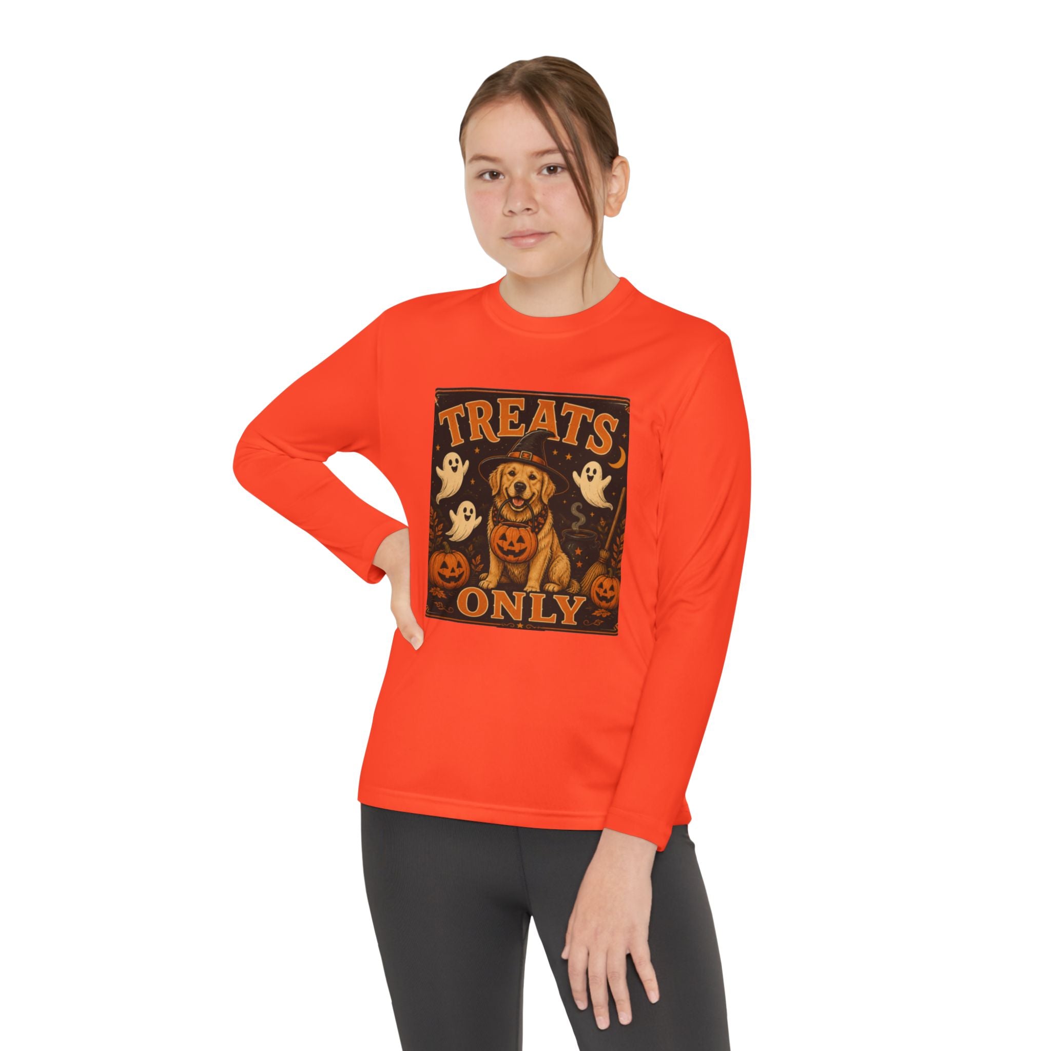 Halloween 'Treats Only' Youth Long Sleeve Tee - Cute Puppy & Ghosts Pumpkin Shirt