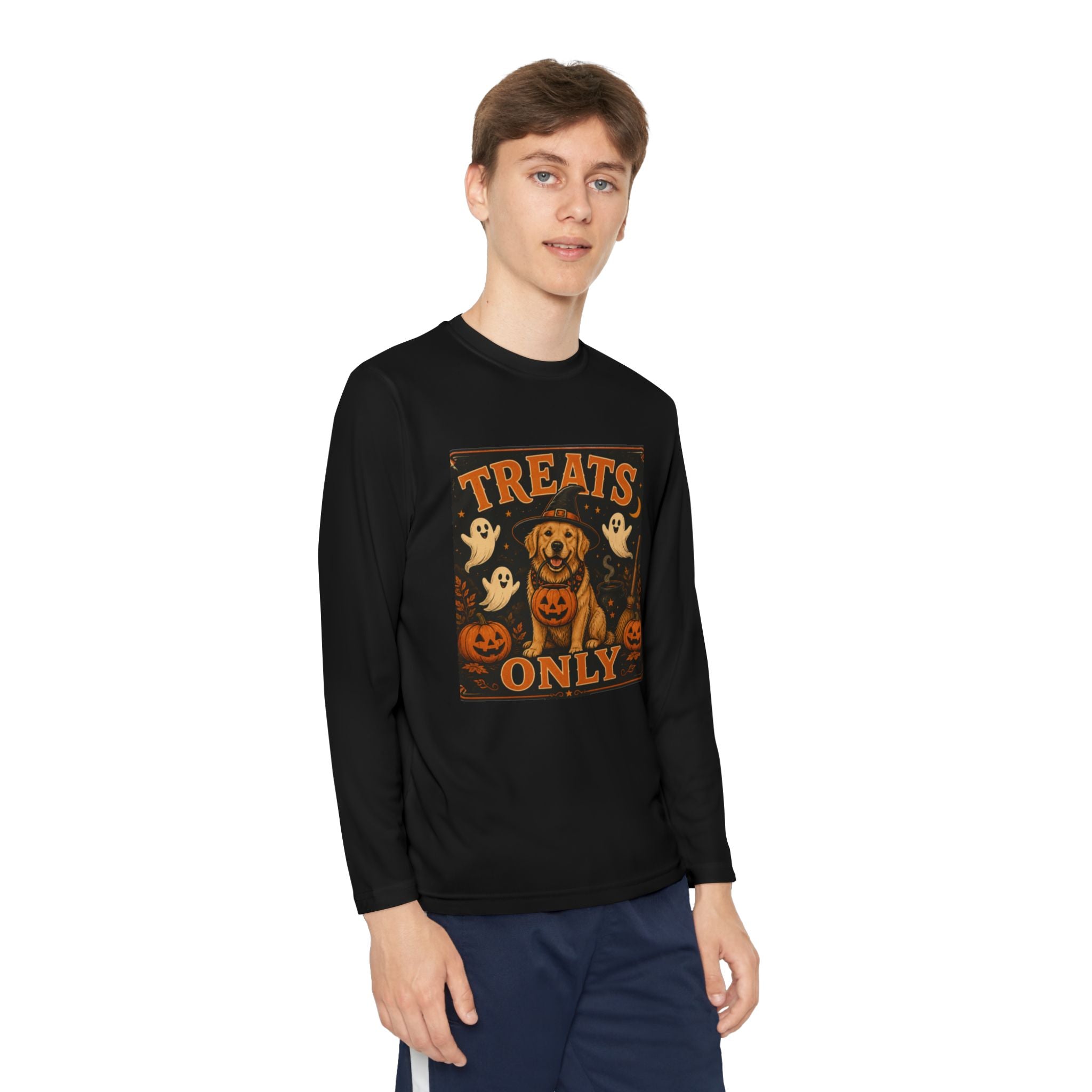 Halloween 'Treats Only' Youth Long Sleeve Tee - Cute Puppy & Ghosts Pumpkin Shirt