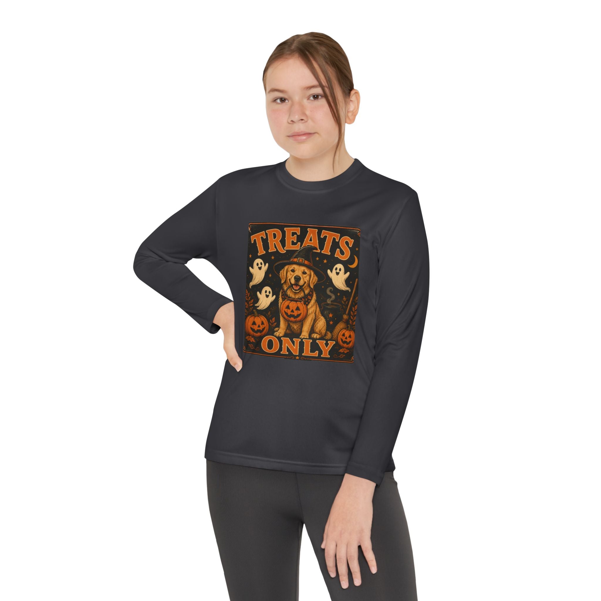 Halloween 'Treats Only' Youth Long Sleeve Tee - Cute Puppy & Ghosts Pumpkin Shirt