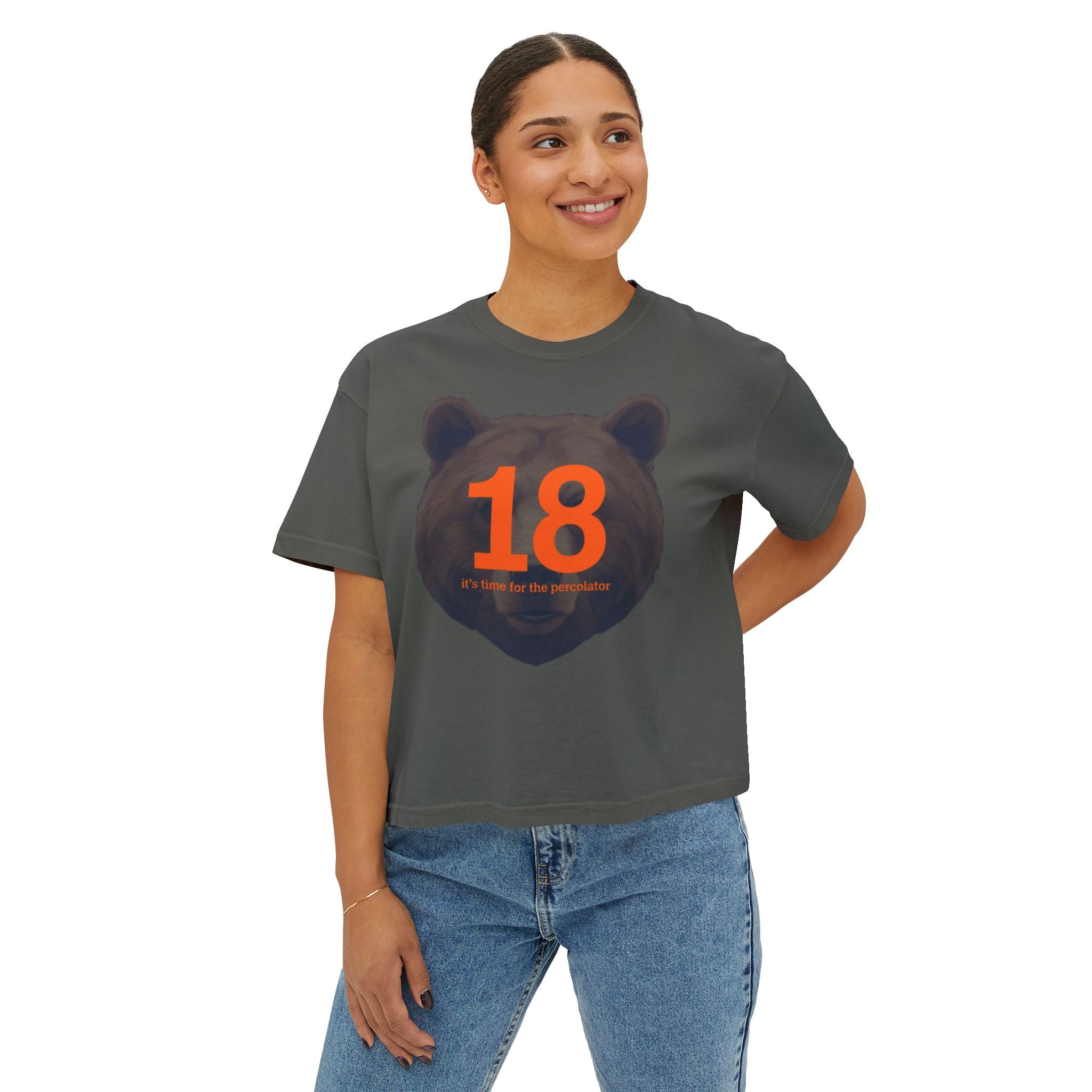 18 Bear Head Women's Boxy Tee — Vintage-Inspired Birthday Graphic Shirt