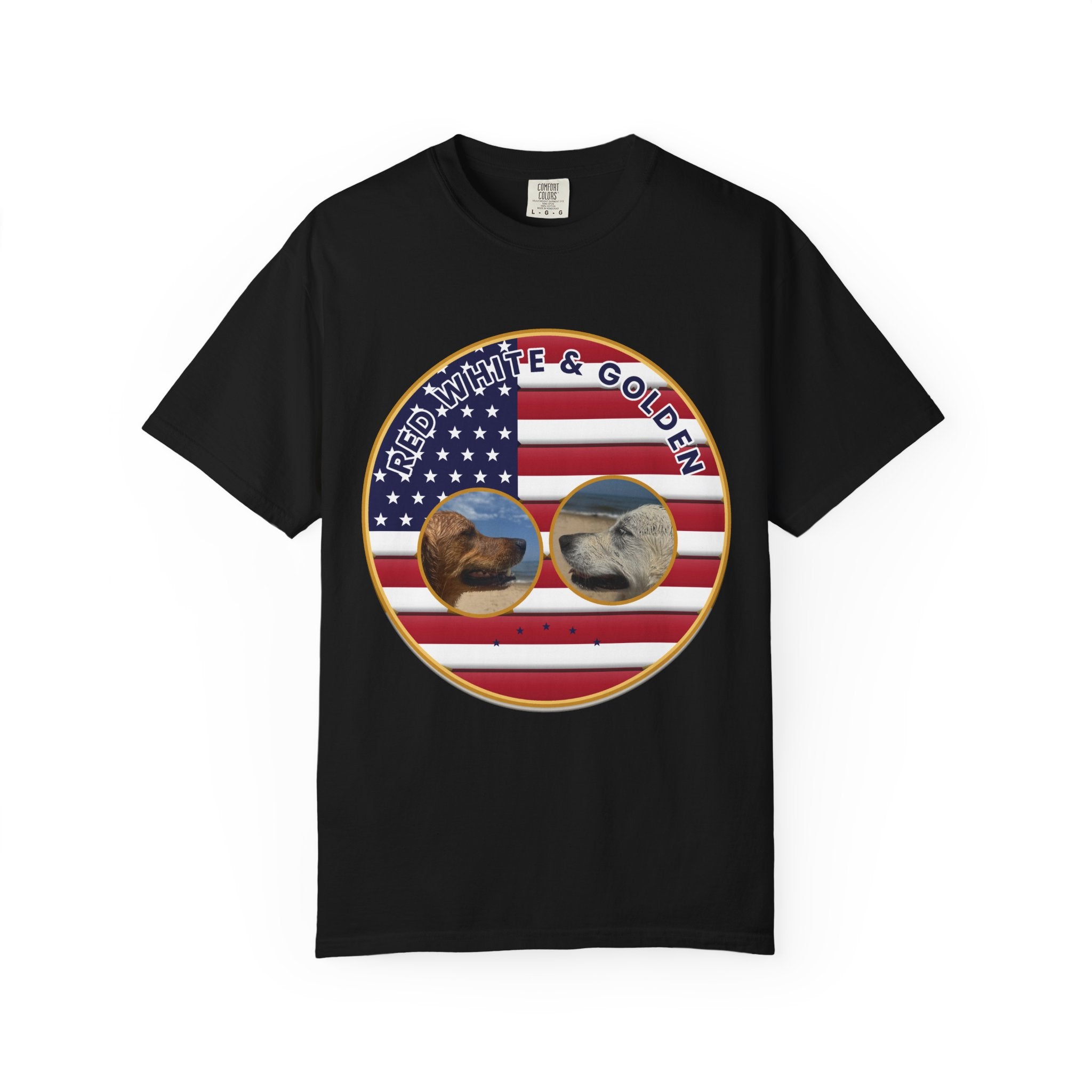 Red, White & Golden T-Shirt – American Flag with Golden Retriever Design