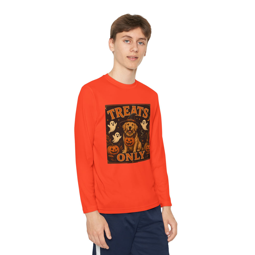 Halloween 'Treats Only' Youth Long Sleeve Tee - Cute Puppy & Ghosts Pumpkin Shirt