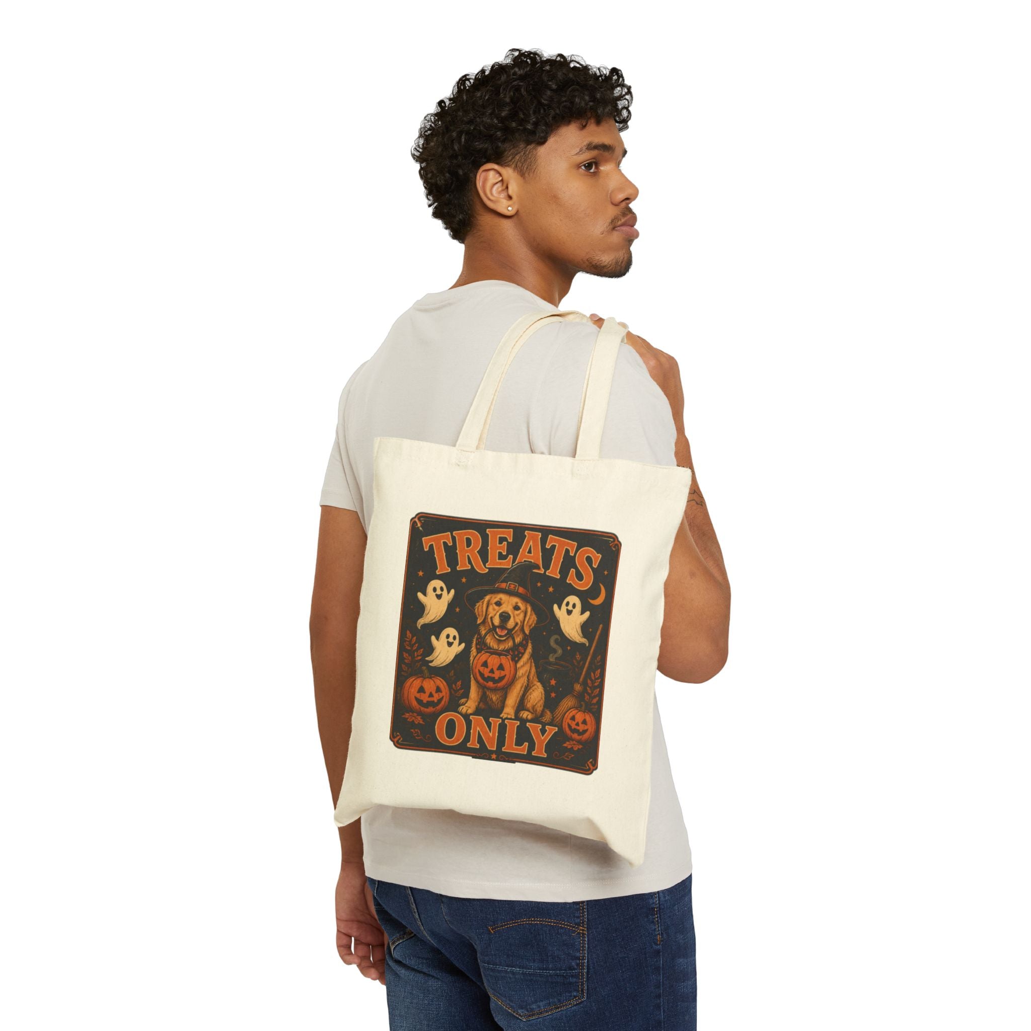 Halloween Dog Tote Bag - "Treats Only" Canvas Trick-or-Treat Grocery Shopper