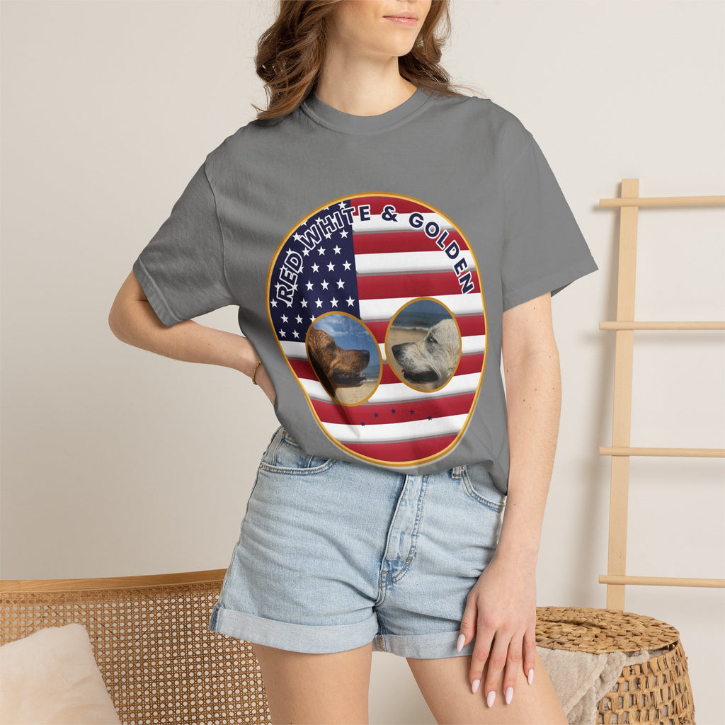 Red, White & Golden T-Shirt – American Flag with Golden Retriever Design