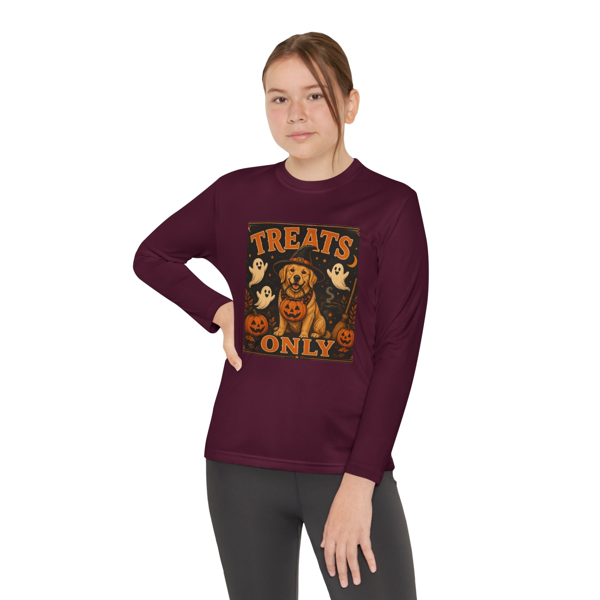 Halloween 'Treats Only' Youth Long Sleeve Tee - Cute Puppy & Ghosts Pumpkin Shirt