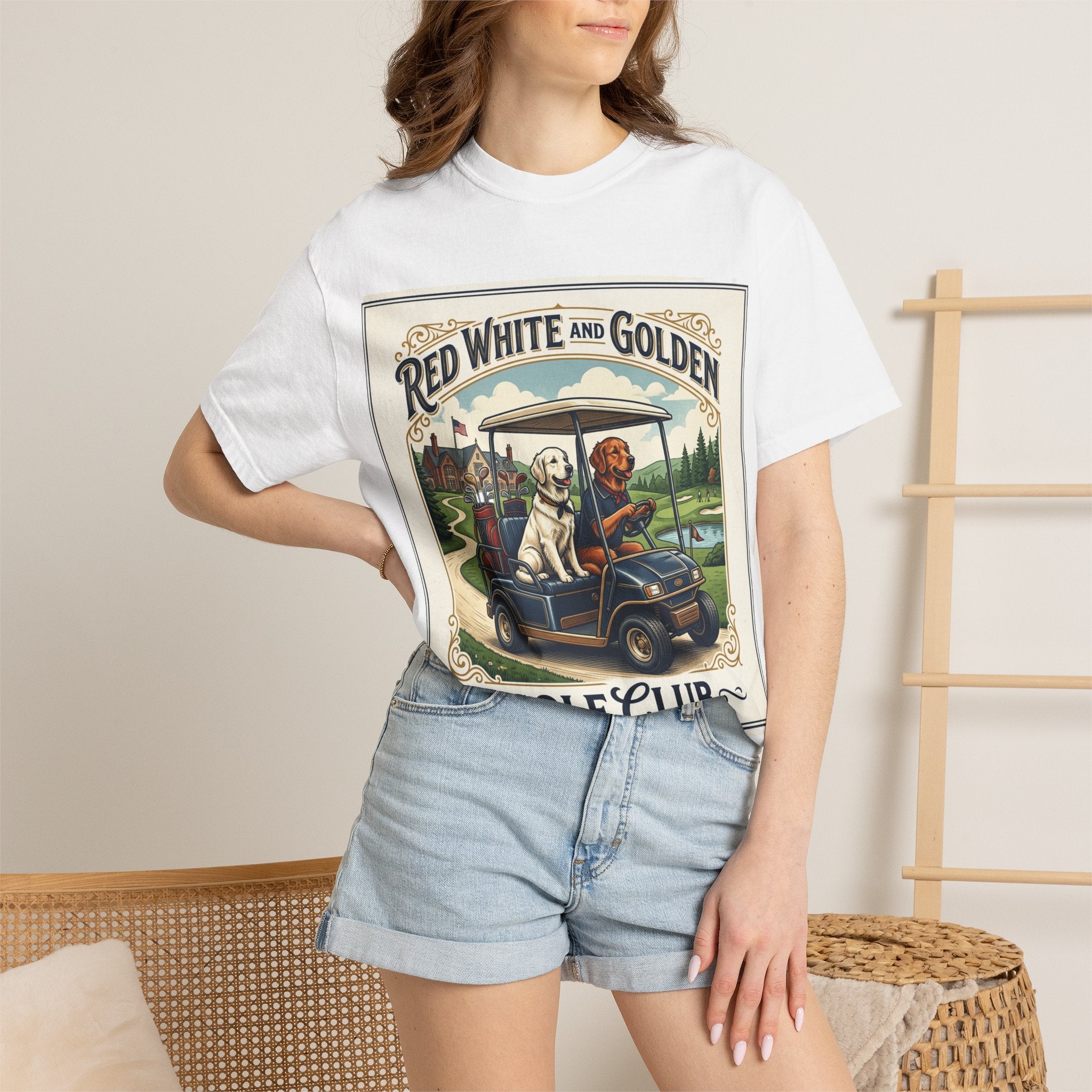 Golf Club T-Shirt — "Red White and Golden" Vintage Dog Golf Cart Design