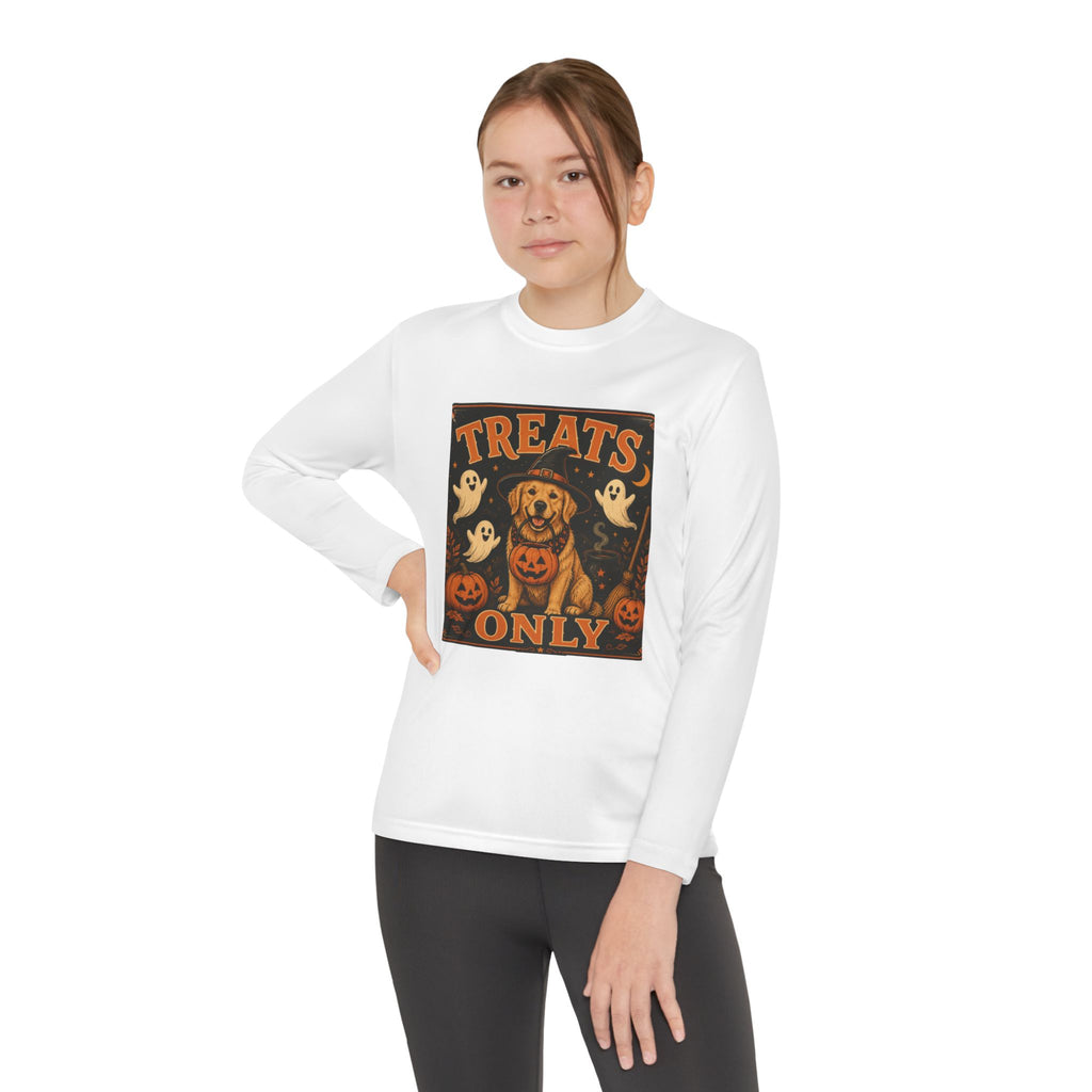 Halloween 'Treats Only' Youth Long Sleeve Tee - Cute Puppy & Ghosts Pumpkin Shirt