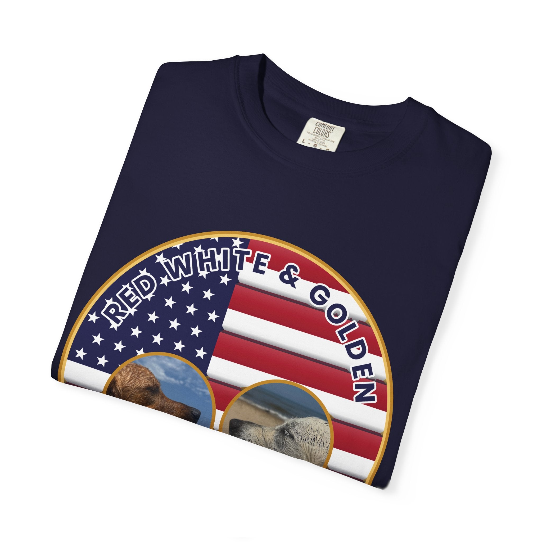 Red, White & Golden T-Shirt – American Flag with Golden Retriever Design