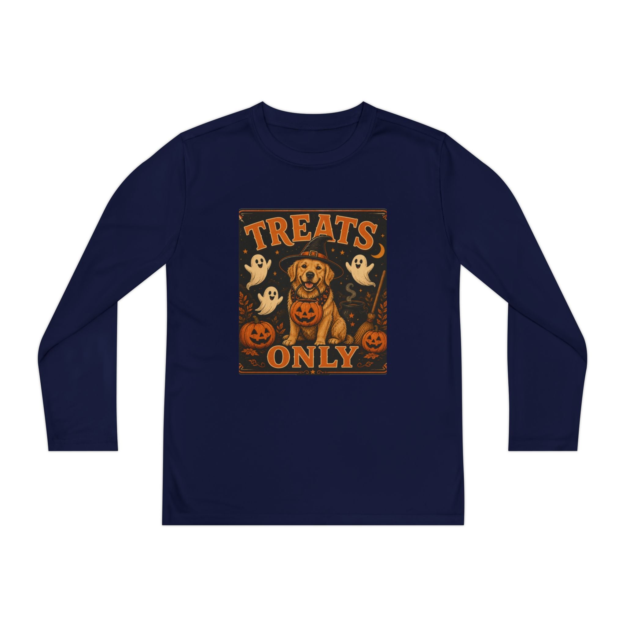 Halloween 'Treats Only' Youth Long Sleeve Tee - Cute Puppy & Ghosts Pumpkin Shirt