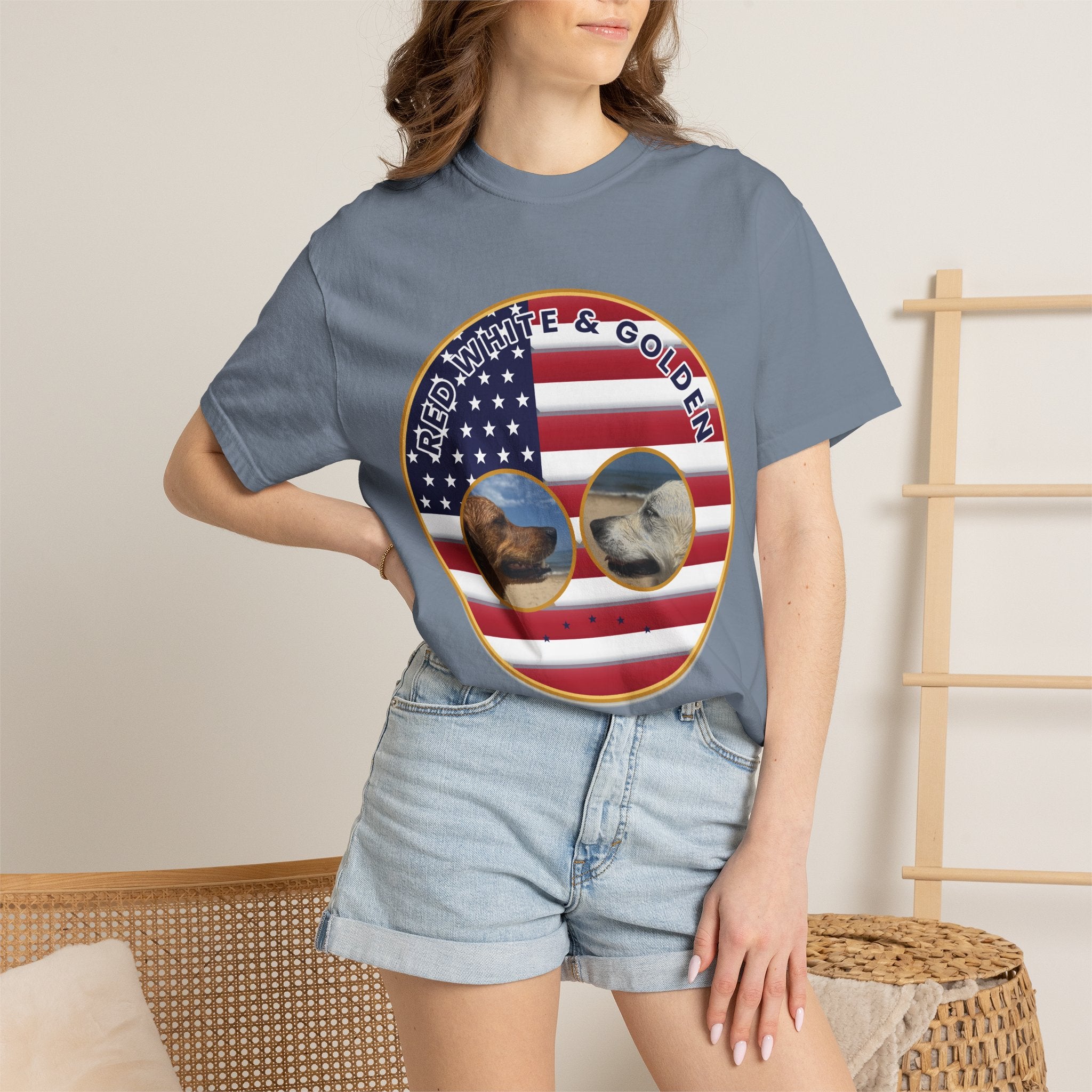 Red, White & Golden T-Shirt – American Flag with Golden Retriever Design
