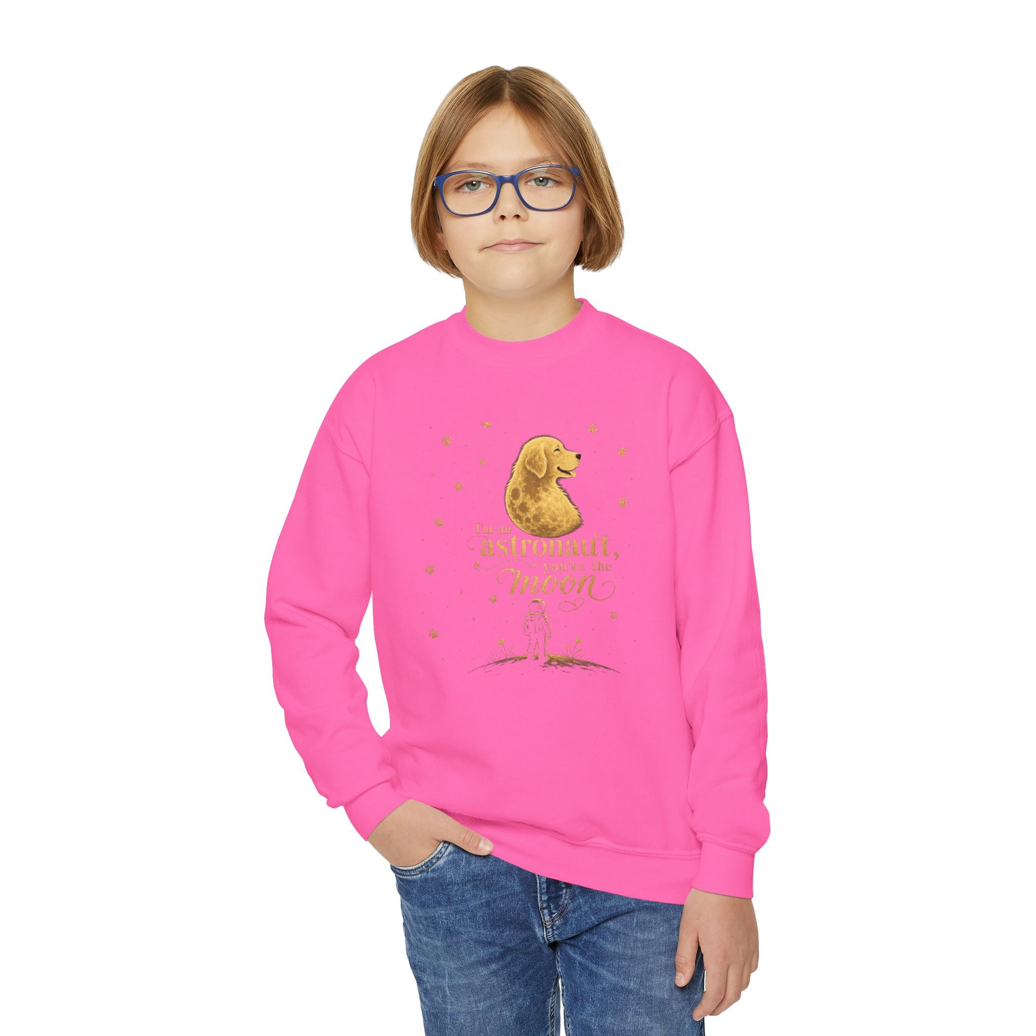 Youth Crewneck Sweatshirt - "Astronauts in the Moon" Cute Golden Bear & Moon Kids Pullover