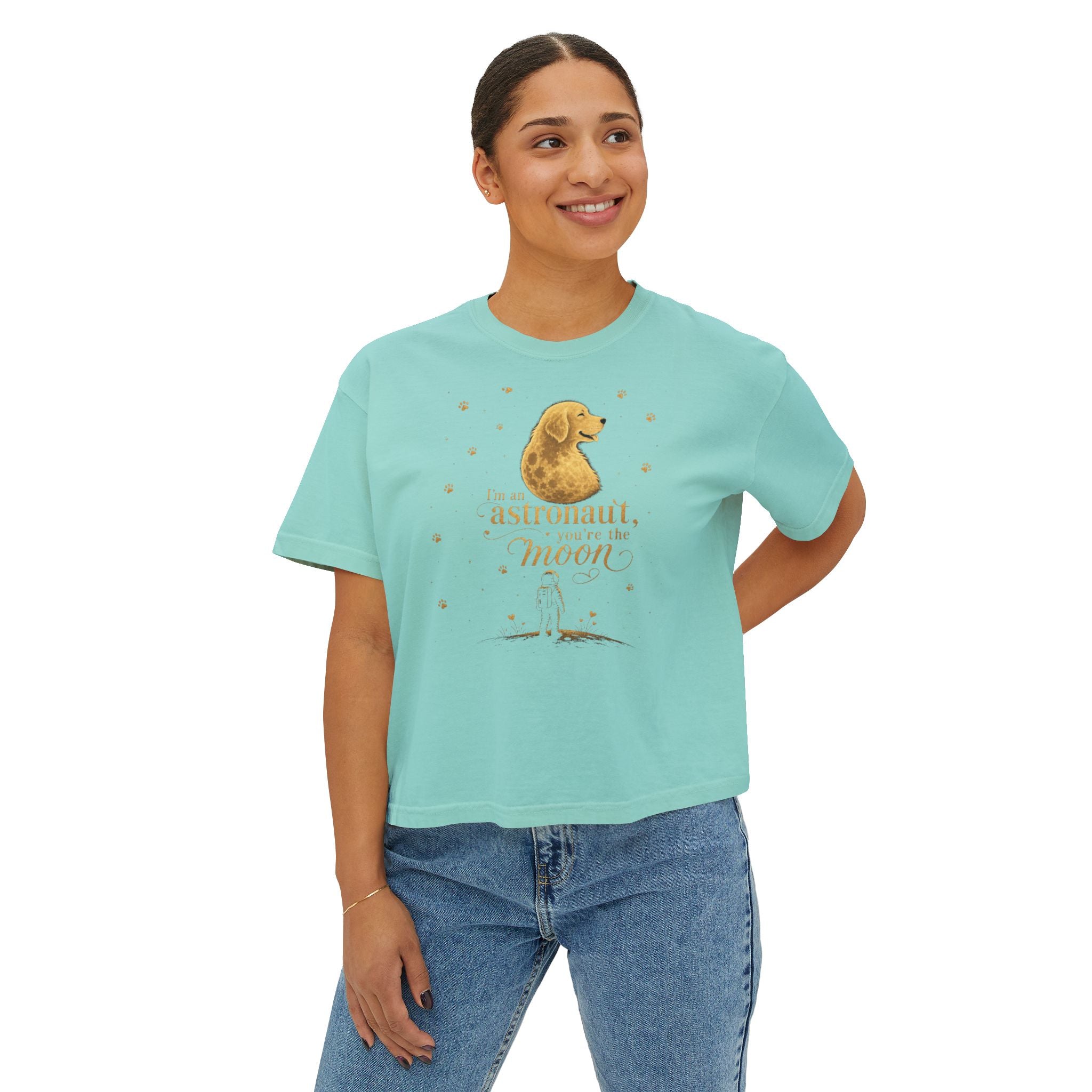 Women's Boxy Tee — "I'm an astronaut, I need my moon" Golden Dog Graphic Shirt
