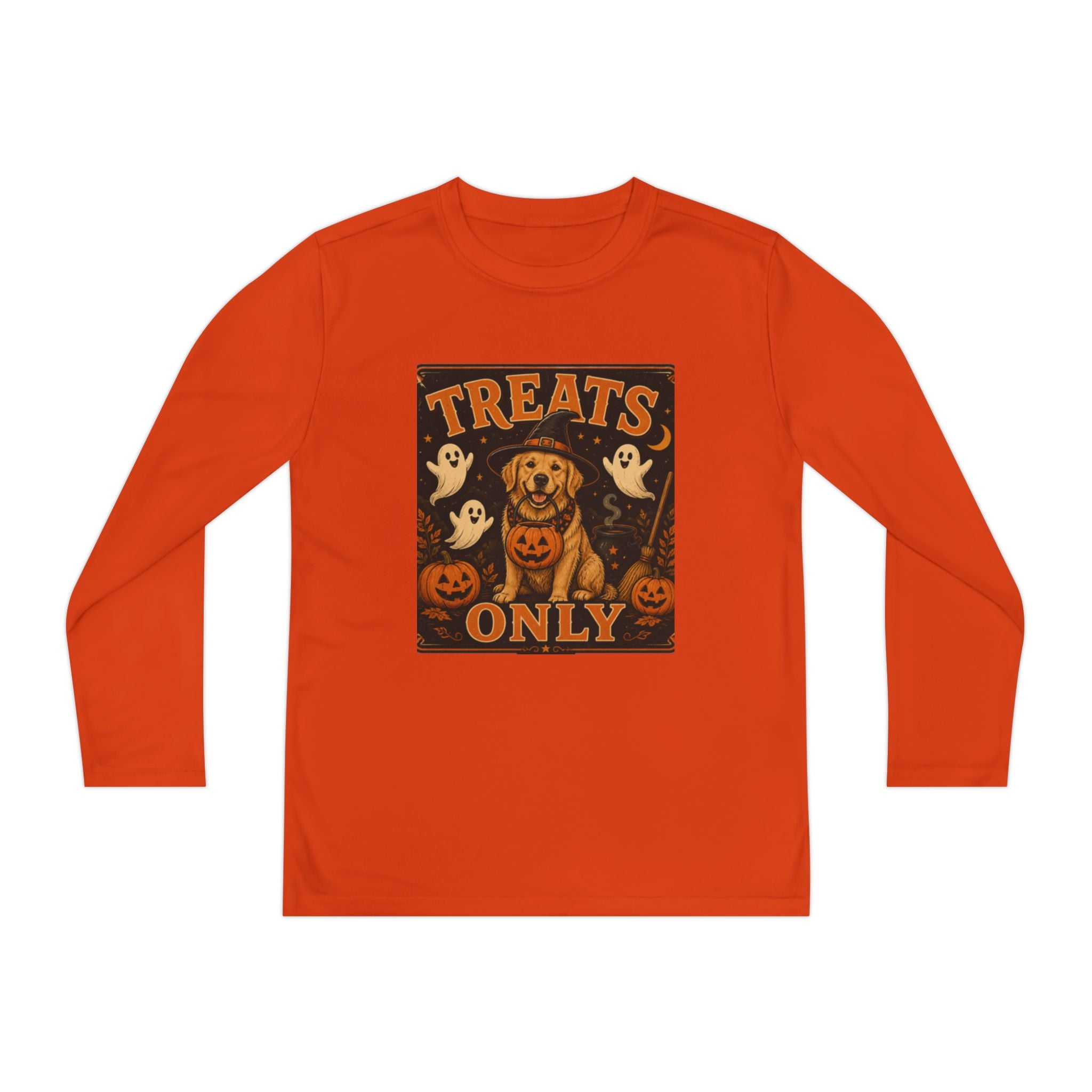 Halloween 'Treats Only' Youth Long Sleeve Tee - Cute Puppy & Ghosts Pumpkin Shirt