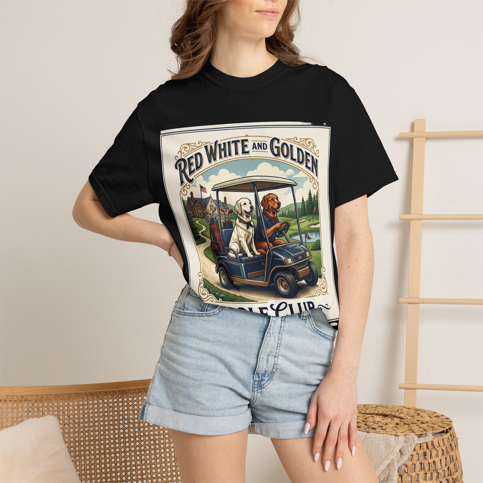 Golf Club T-Shirt — "Red White and Golden" Vintage Dog Golf Cart Design