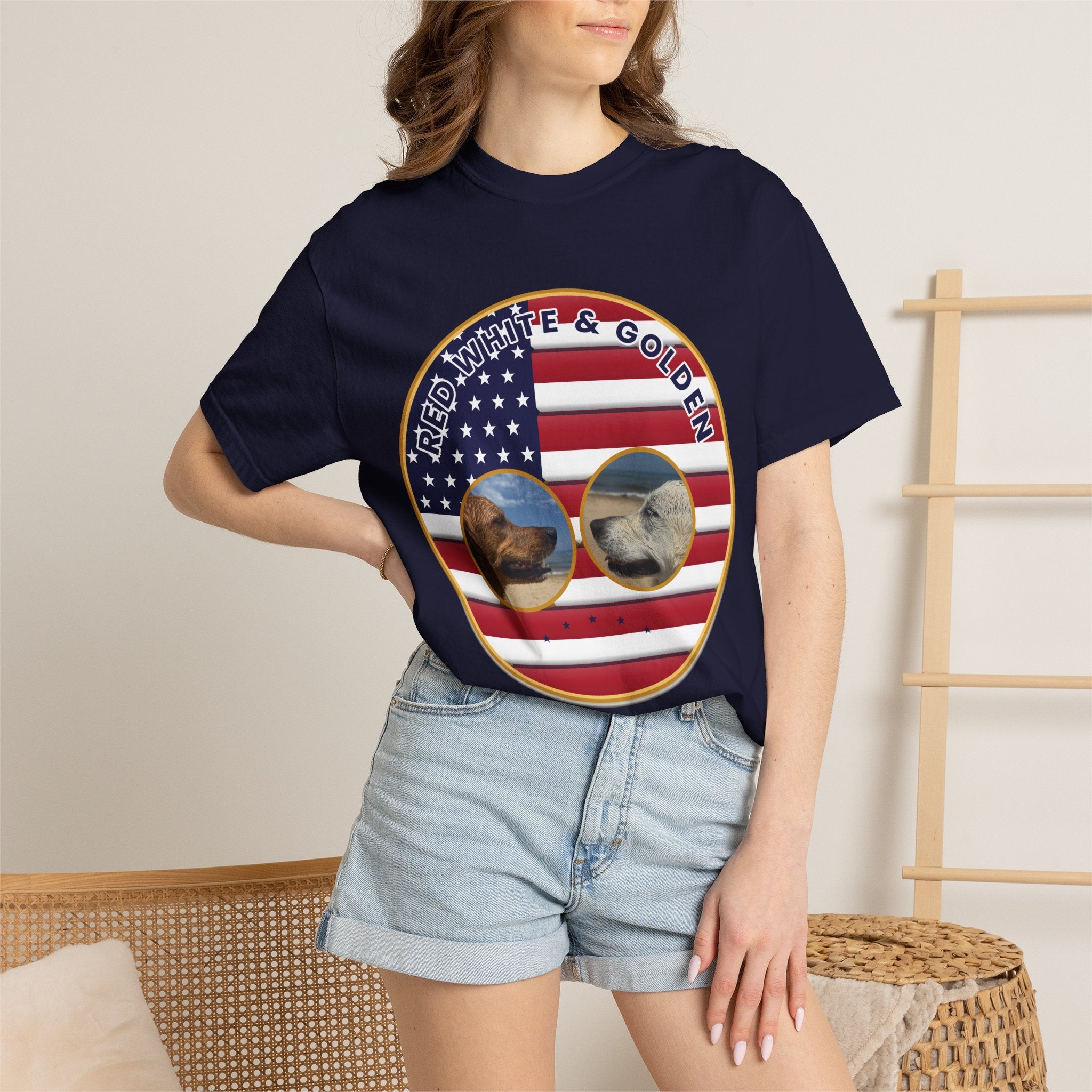 Red, White & Golden T-Shirt – American Flag with Golden Retriever Design