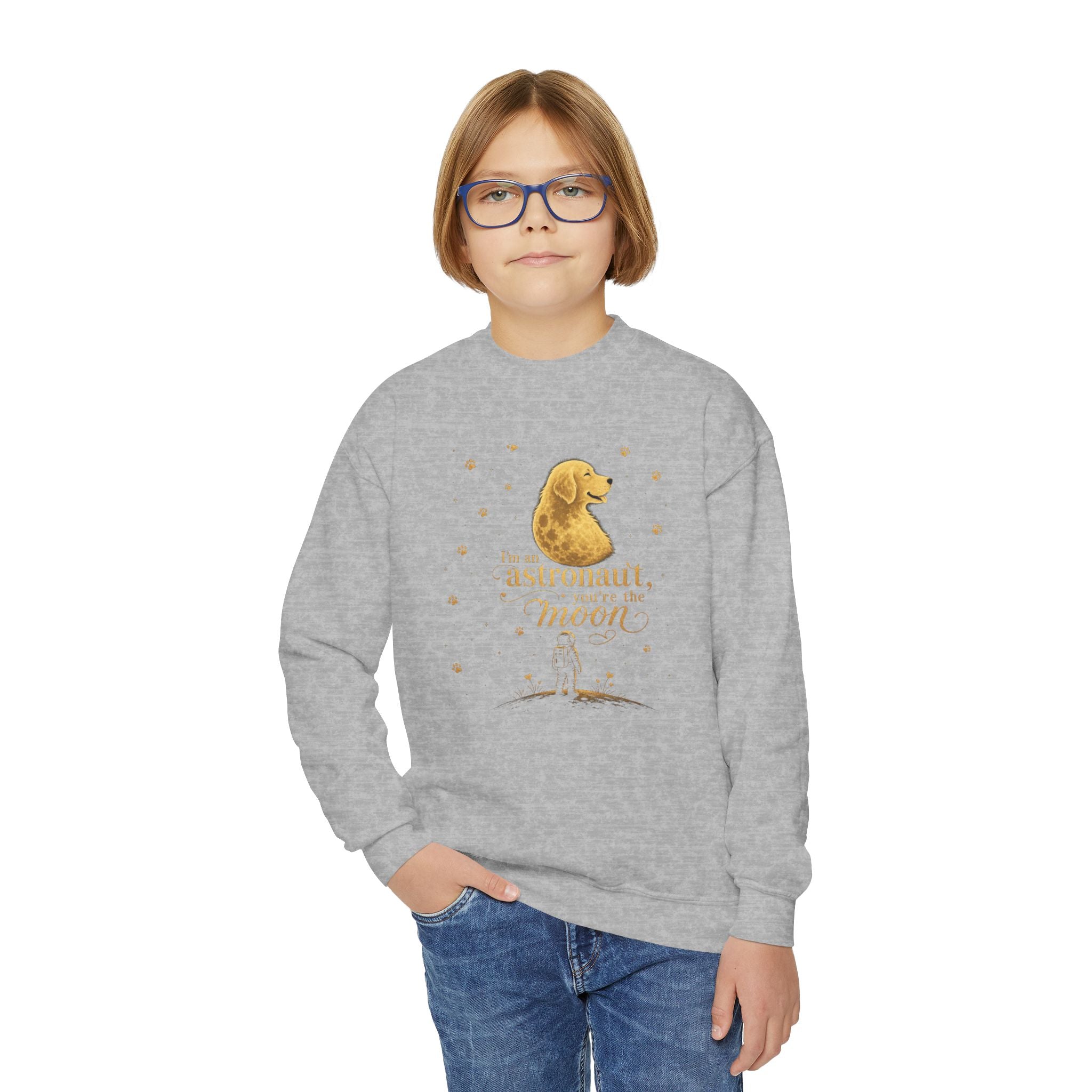 Youth Crewneck Sweatshirt - "Astronauts in the Moon" Cute Golden Bear & Moon Kids Pullover