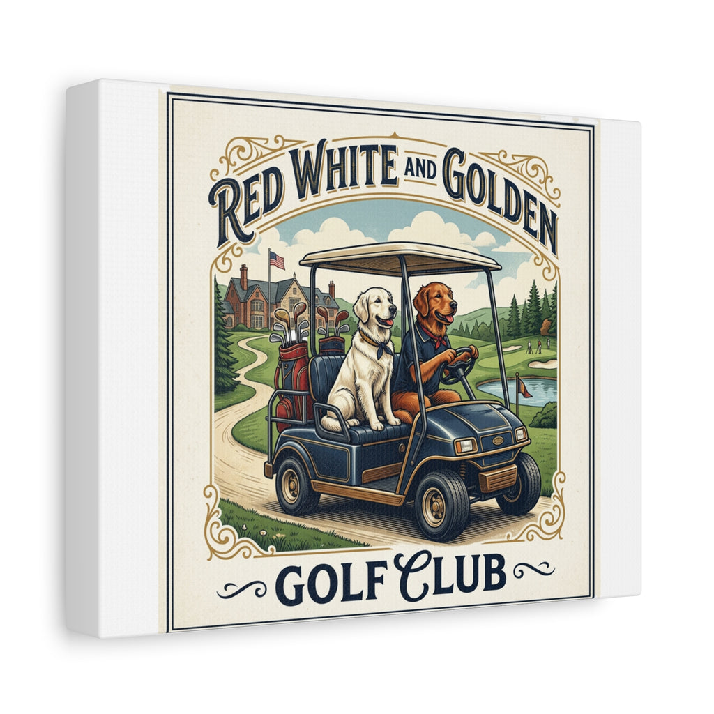 Golf Club Canvas Print — "Red White and Golden" Labrador Dogs on Golf Cart Wall Art