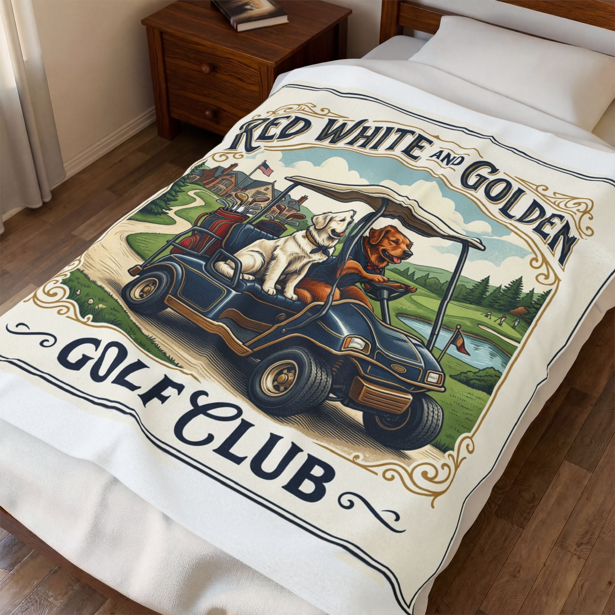 Velveteen Plush Blanket – "Red White and Golden Golf Club" Cozy Golfers Throw