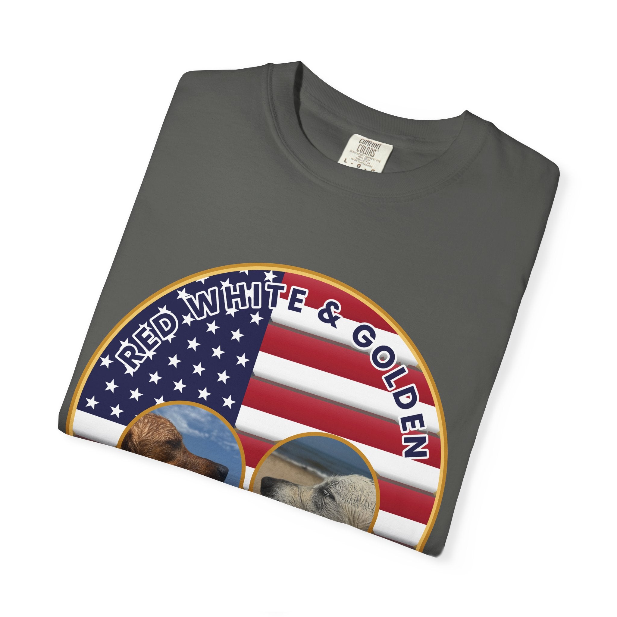 Red, White & Golden T-Shirt – American Flag with Golden Retriever Design