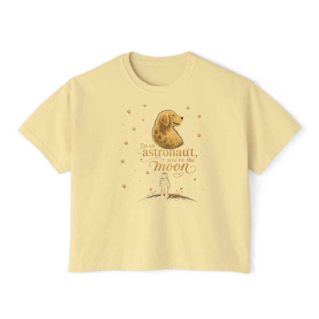 Women's Boxy Tee — "I'm an astronaut, I need my moon" Golden Dog Graphic Shirt