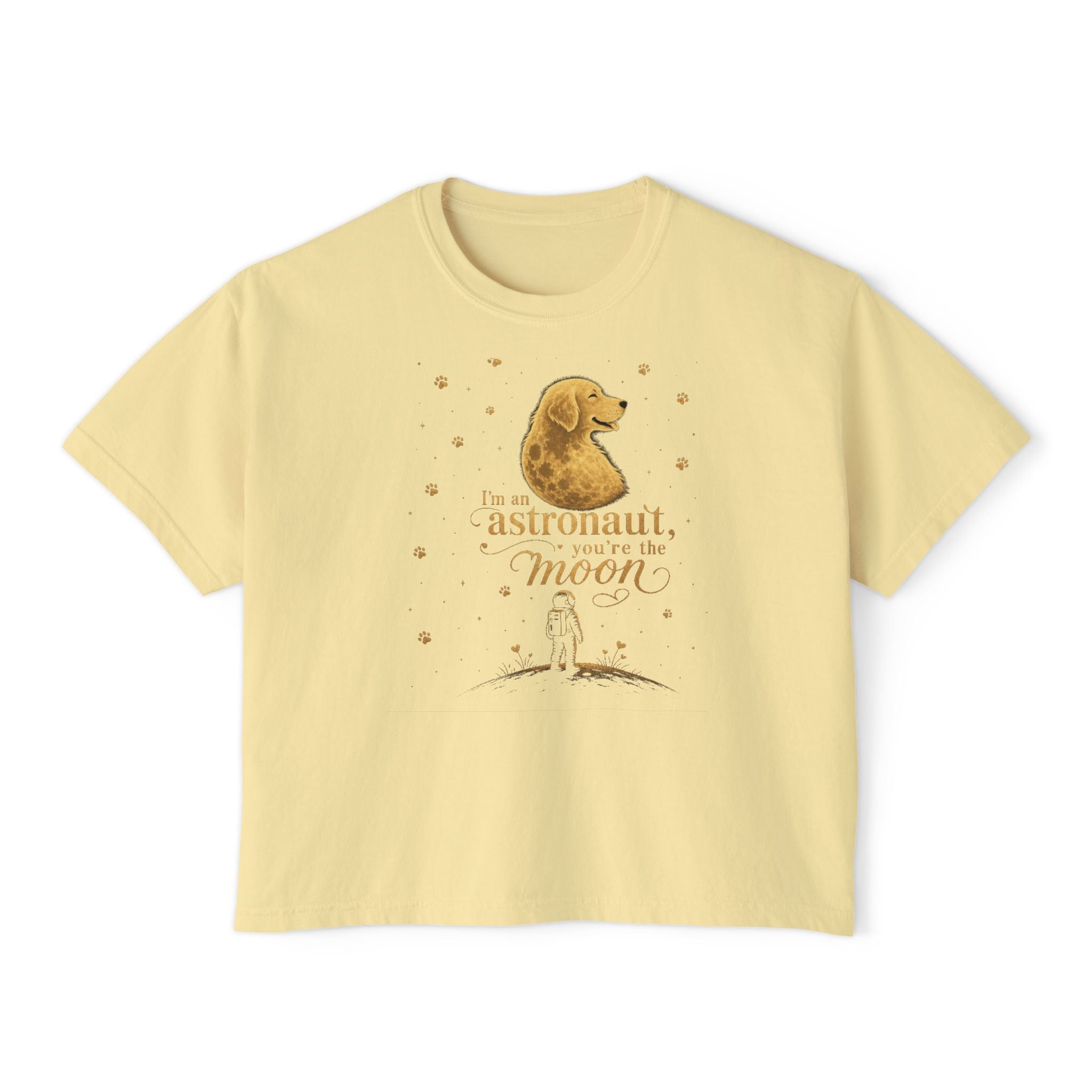 Women's Boxy Tee — "I'm an astronaut, I need my moon" Golden Dog Graphic Shirt