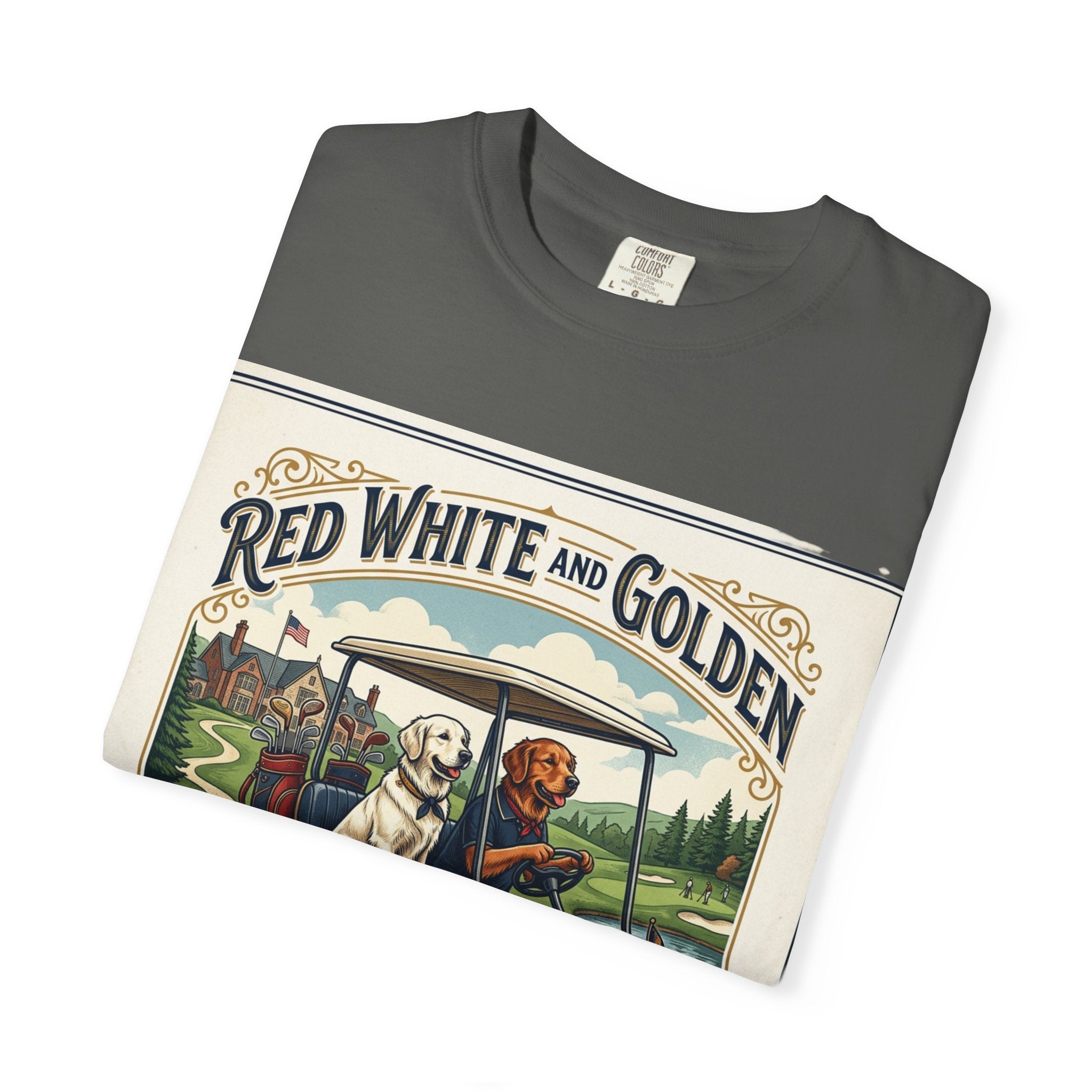 Golf Club T-Shirt — "Red White and Golden" Vintage Dog Golf Cart Design
