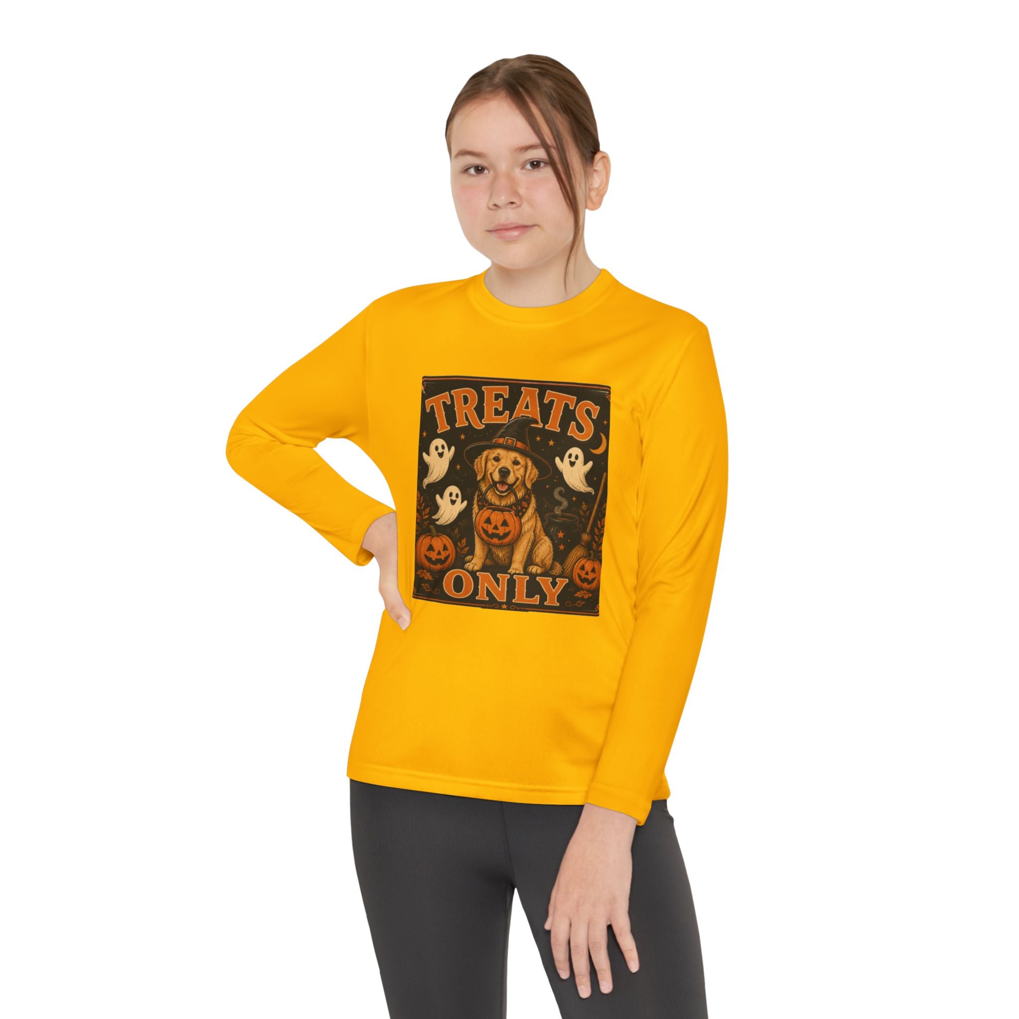 Halloween 'Treats Only' Youth Long Sleeve Tee - Cute Puppy & Ghosts Pumpkin Shirt