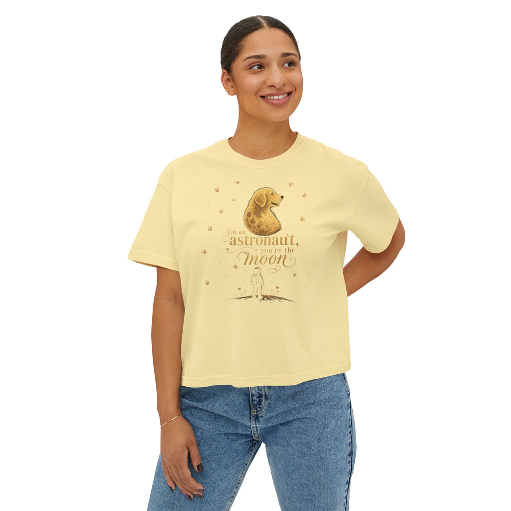 Women's Boxy Tee — "I'm an astronaut, I need my moon" Golden Dog Graphic Shirt