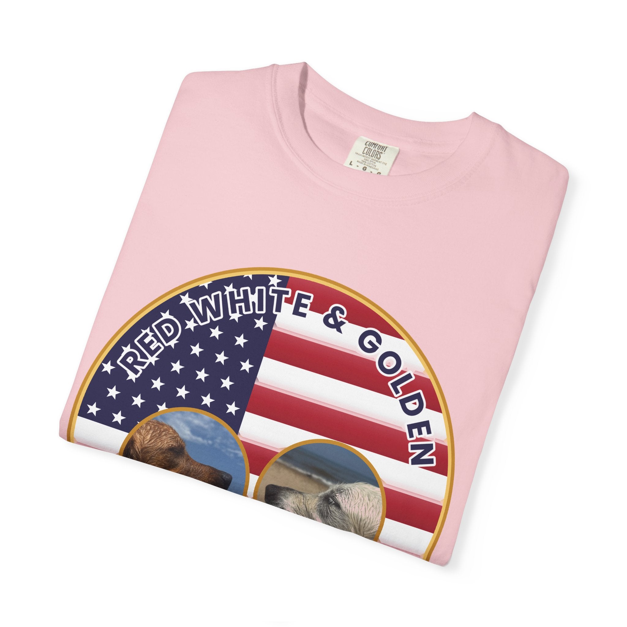 Red, White & Golden T-Shirt – American Flag with Golden Retriever Design
