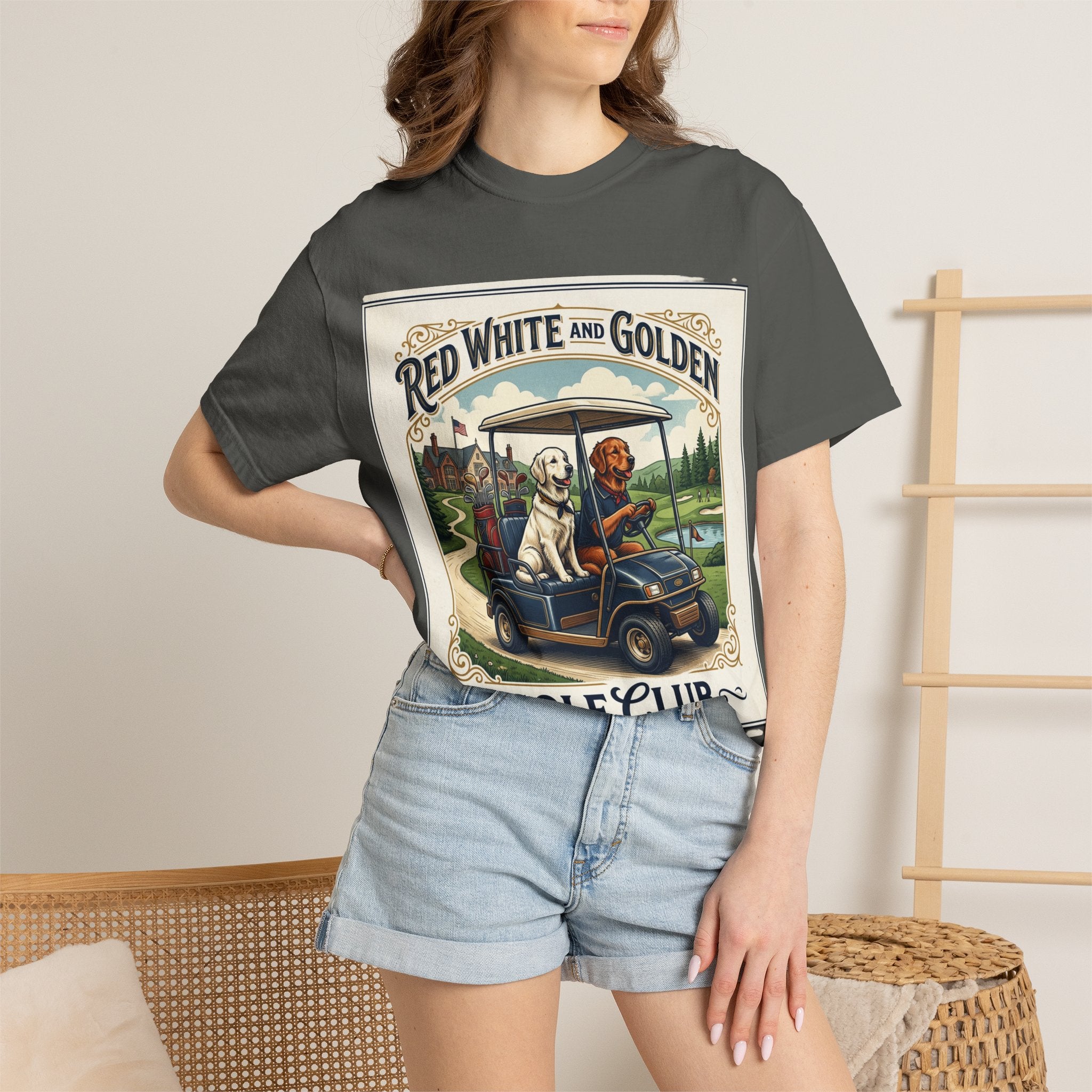 Golf Club T-Shirt — "Red White and Golden" Vintage Dog Golf Cart Design
