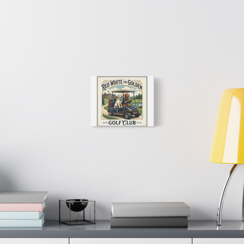 Golf Club Canvas Print — "Red White and Golden" Labrador Dogs on Golf Cart Wall Art