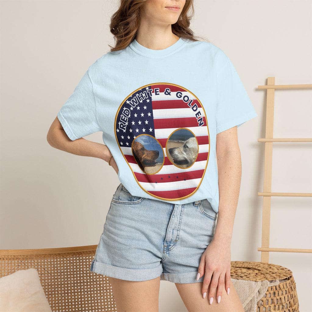 Red, White & Golden T-Shirt – American Flag with Golden Retriever Design