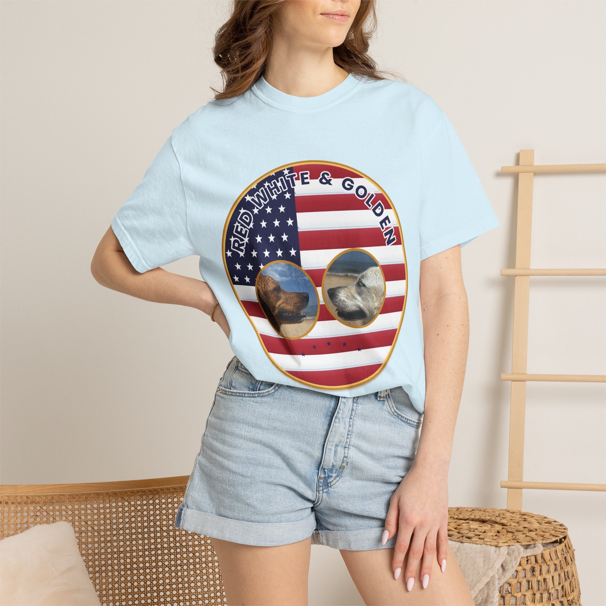 Red, White & Golden T-Shirt – American Flag with Golden Retriever Design