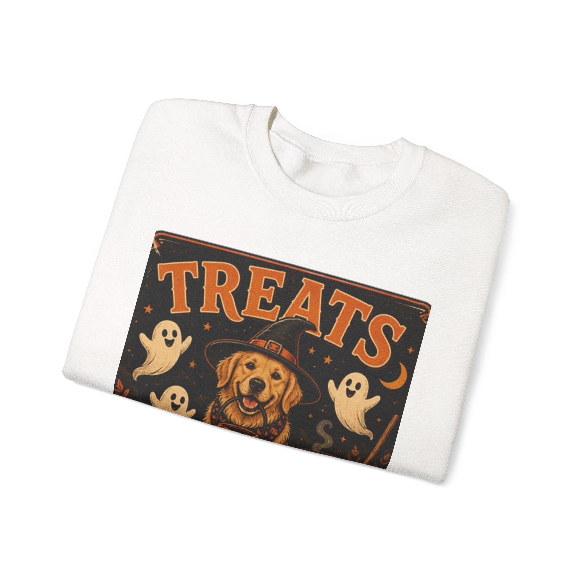 Halloween "Treats Only" Sweatshirt – Cute Puppy, Ghosts & Pumpkins Fall Crewneck