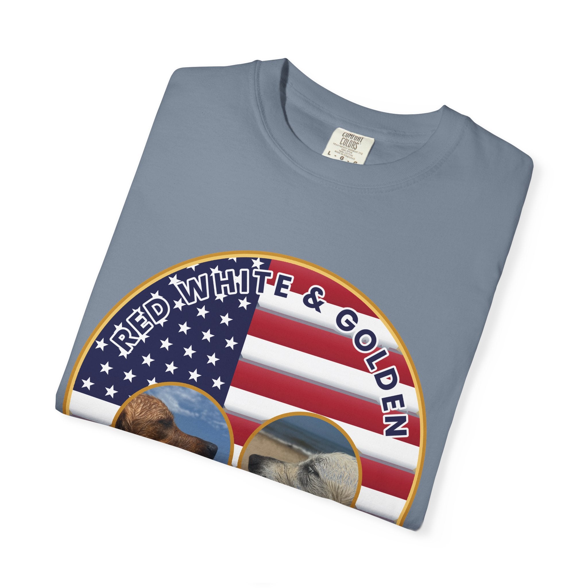 Red, White & Golden T-Shirt – American Flag with Golden Retriever Design