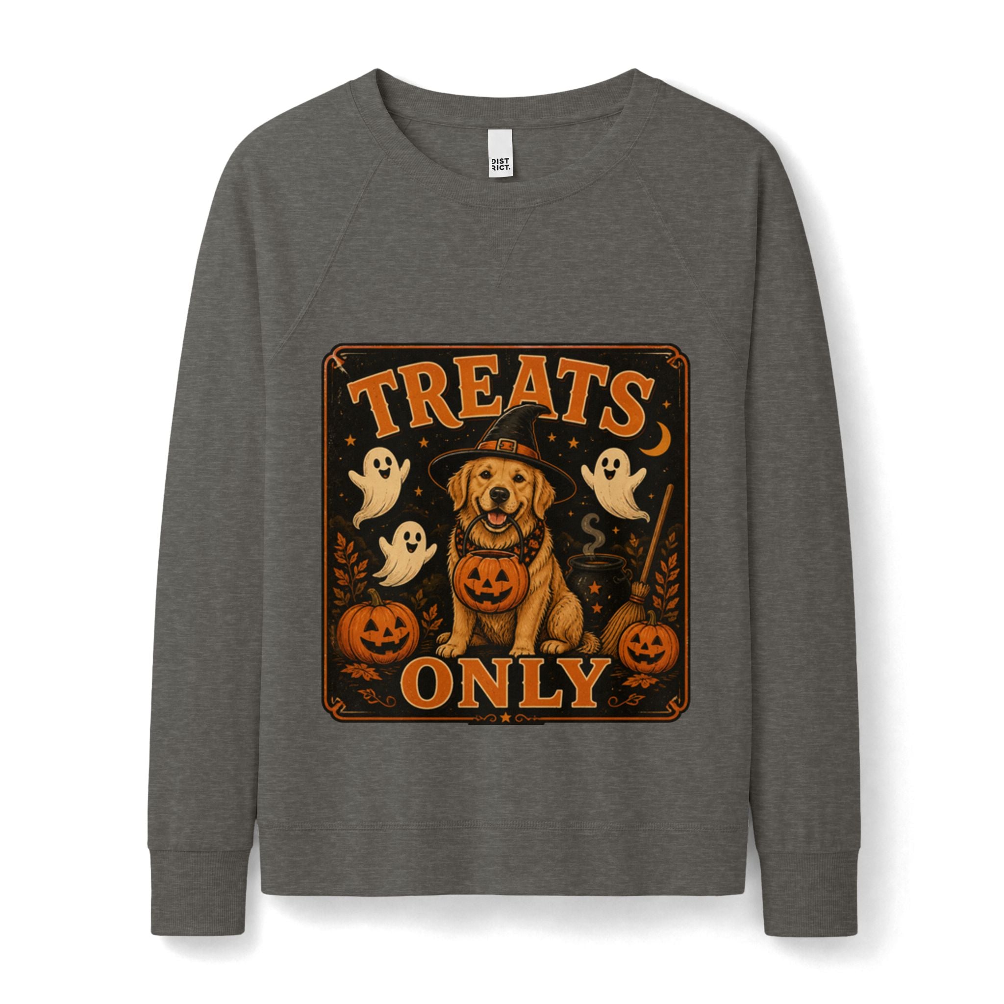 Women's Halloween 'Treats Only' Crewneck Sweatshirt — Pumpkin Dog & Ghosts