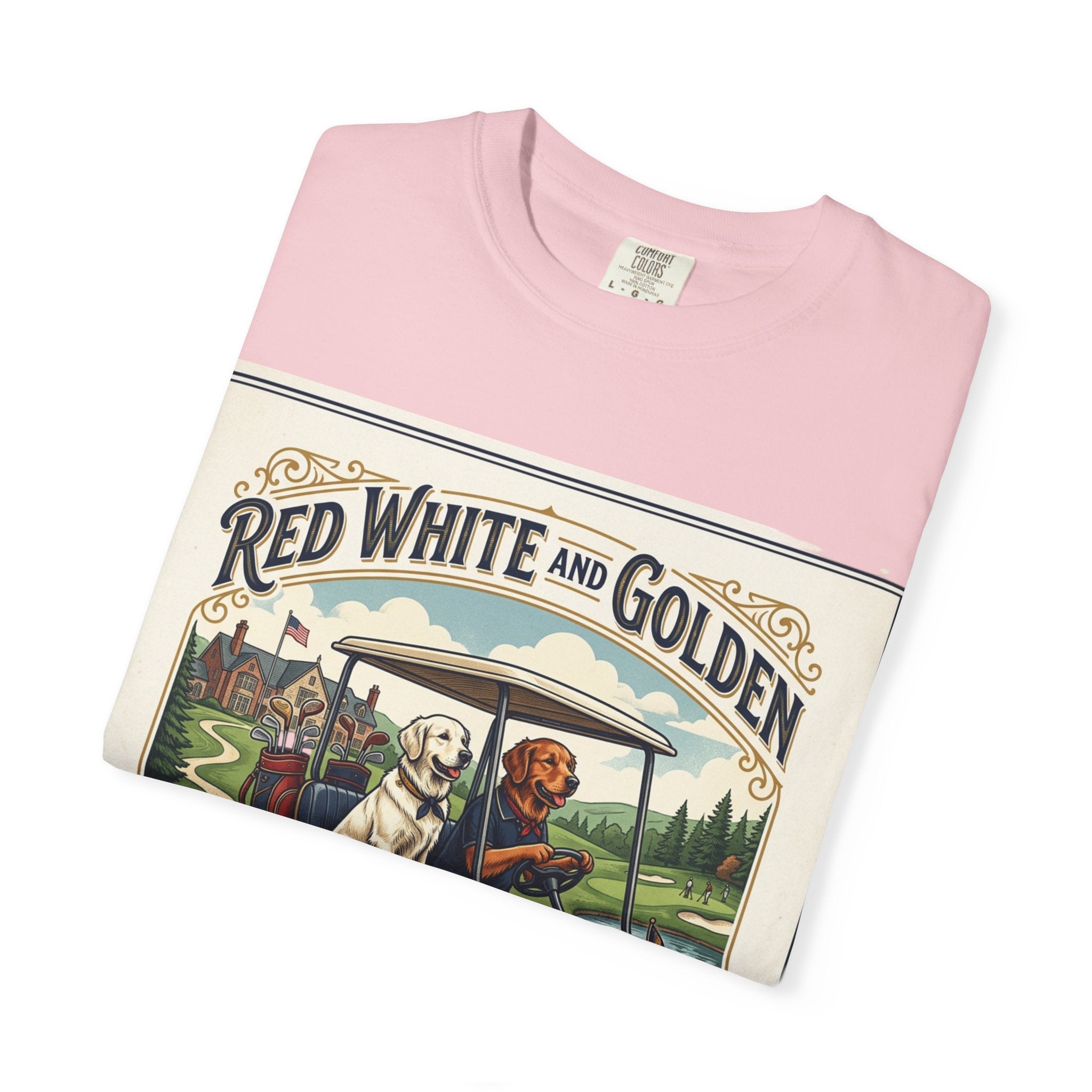 Golf Club T-Shirt — "Red White and Golden" Vintage Dog Golf Cart Design