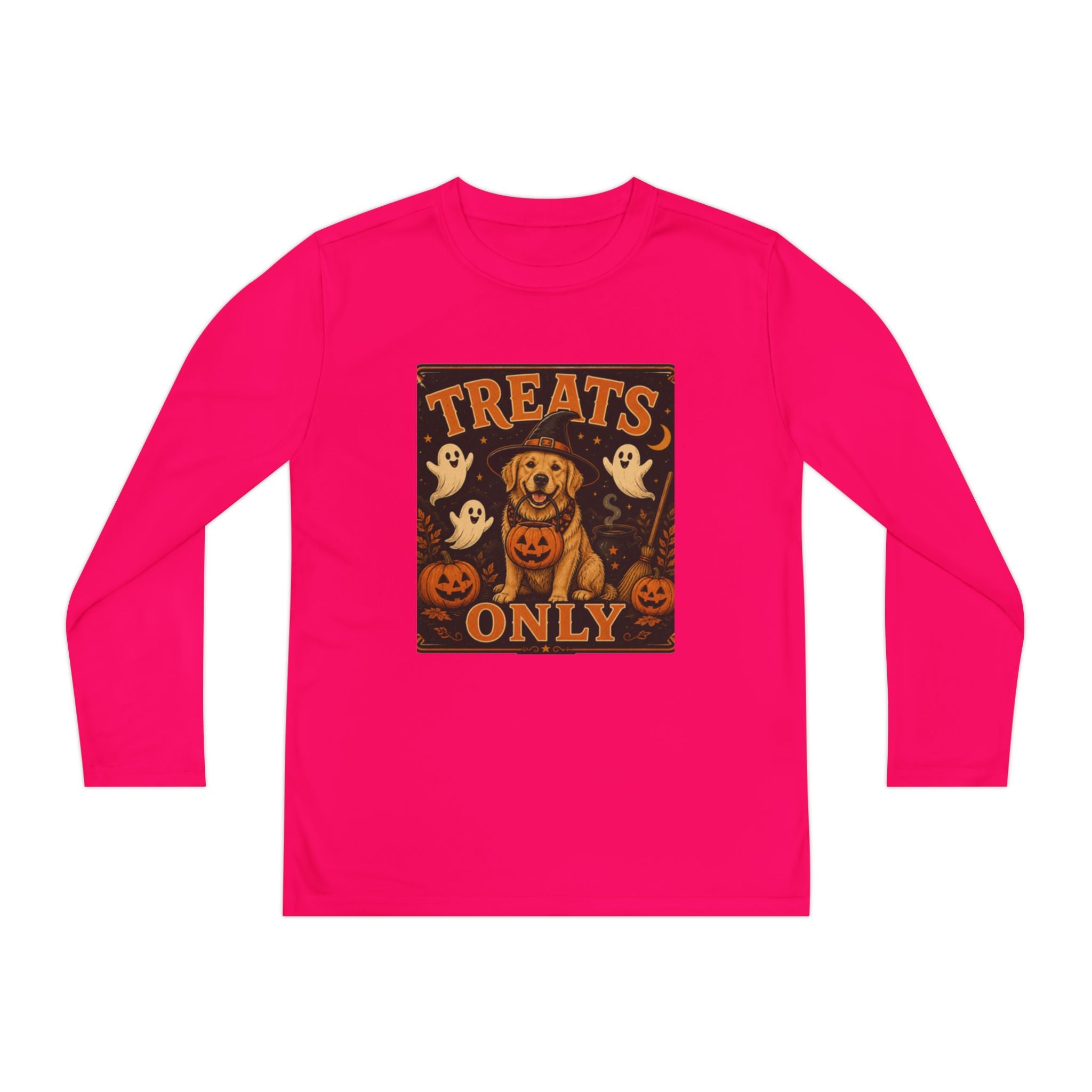 Halloween 'Treats Only' Youth Long Sleeve Tee - Cute Puppy & Ghosts Pumpkin Shirt